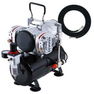 TC-828 Airbrush Compressor with Tank- 1/4 HP Twin Cylinder. 3L Air Tank. 46L/Min Flow. Dual Air Brush Support. True Diaphragm