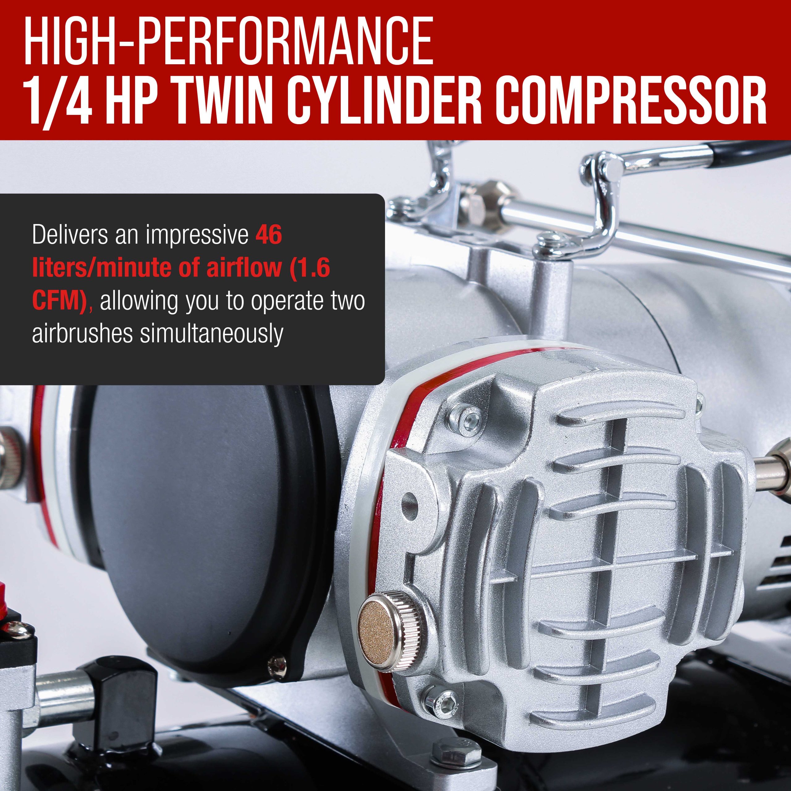 TC-828 Airbrush Compressor with Tank- 1/4 HP Twin Cylinder. 3L Air Tank. 46L/Min Flow. Dual Air Brush Support. True Diaphragm - Image 3