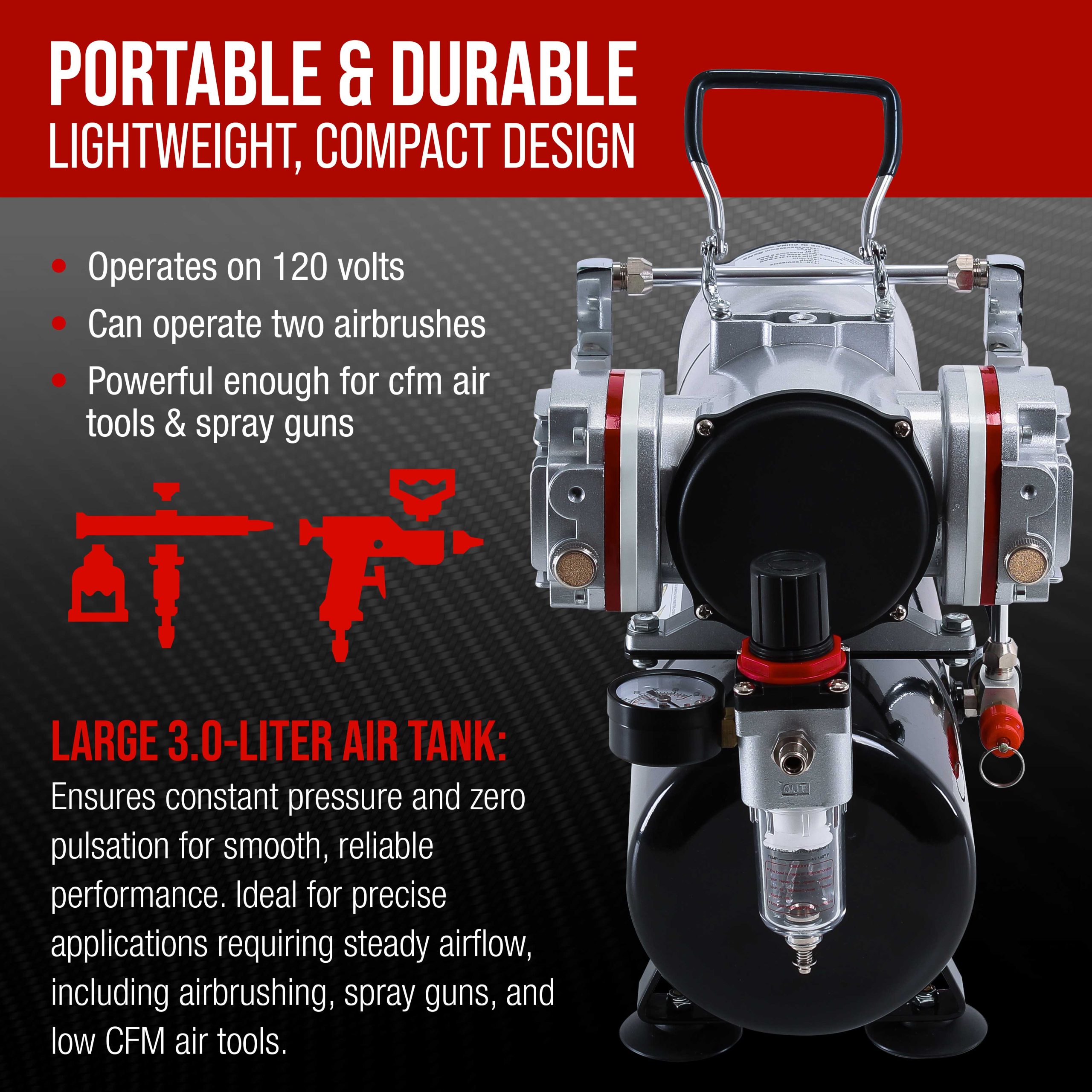 TC-828 Airbrush Compressor with Tank- 1/4 HP Twin Cylinder. 3L Air Tank. 46L/Min Flow. Dual Air Brush Support. True Diaphragm - Image 4