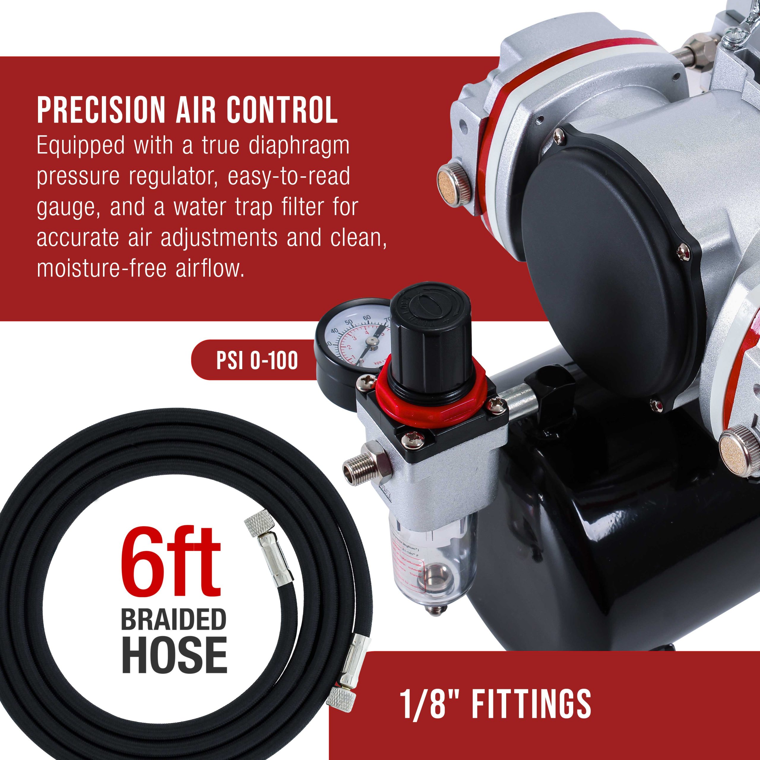TC-828 Airbrush Compressor with Tank- 1/4 HP Twin Cylinder. 3L Air Tank. 46L/Min Flow. Dual Air Brush Support. True Diaphragm - Image 5