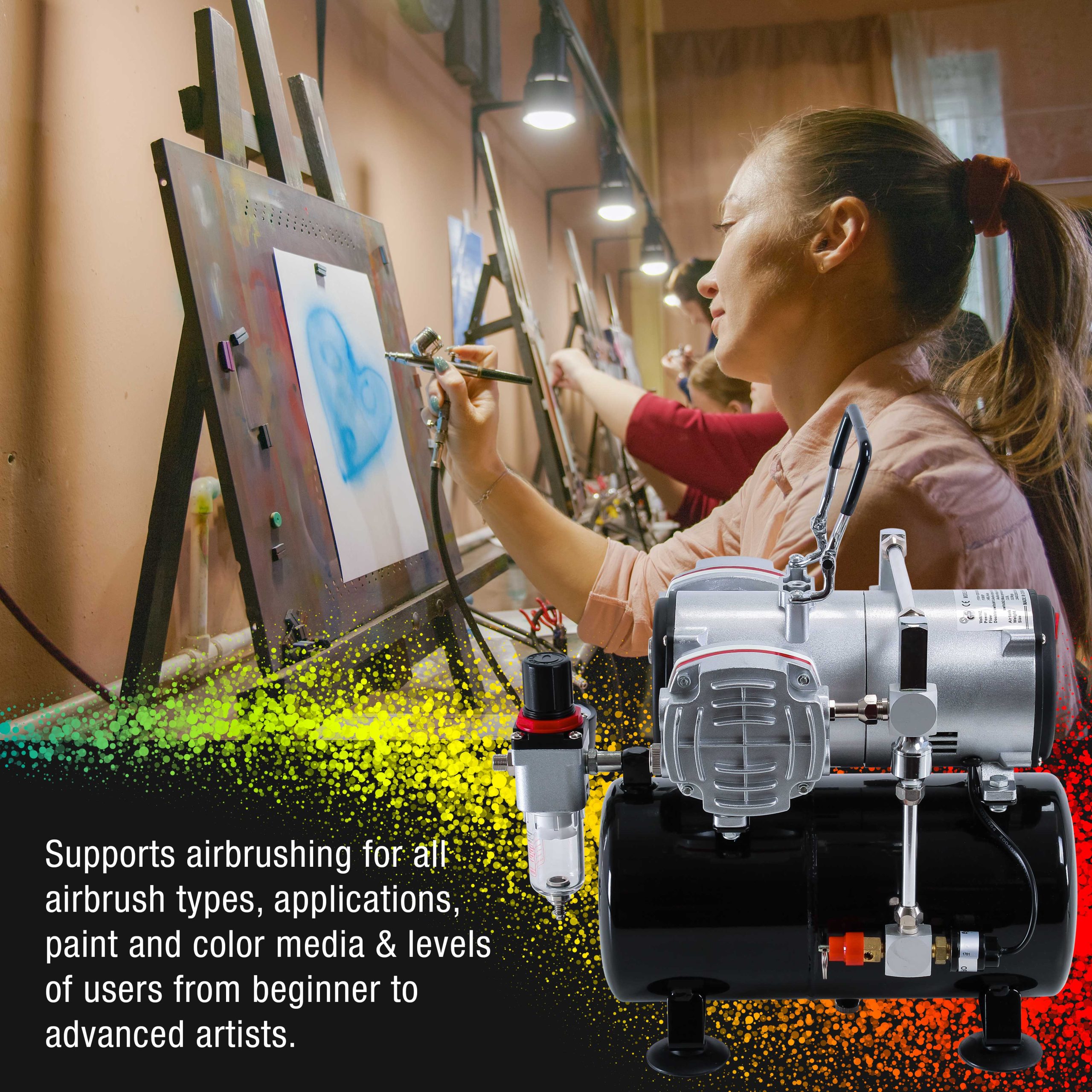 TC-828 Airbrush Compressor with Tank- 1/4 HP Twin Cylinder. 3L Air Tank. 46L/Min Flow. Dual Air Brush Support. True Diaphragm - Image 6