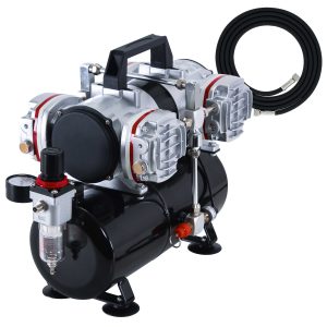 TC-828 Airbrush Compressor with Tank- 1/3 HP Twin Cylinder. 4L Air Tank. 78L/Min Flow. Multi-Airbrush & Spray Gun Support. True