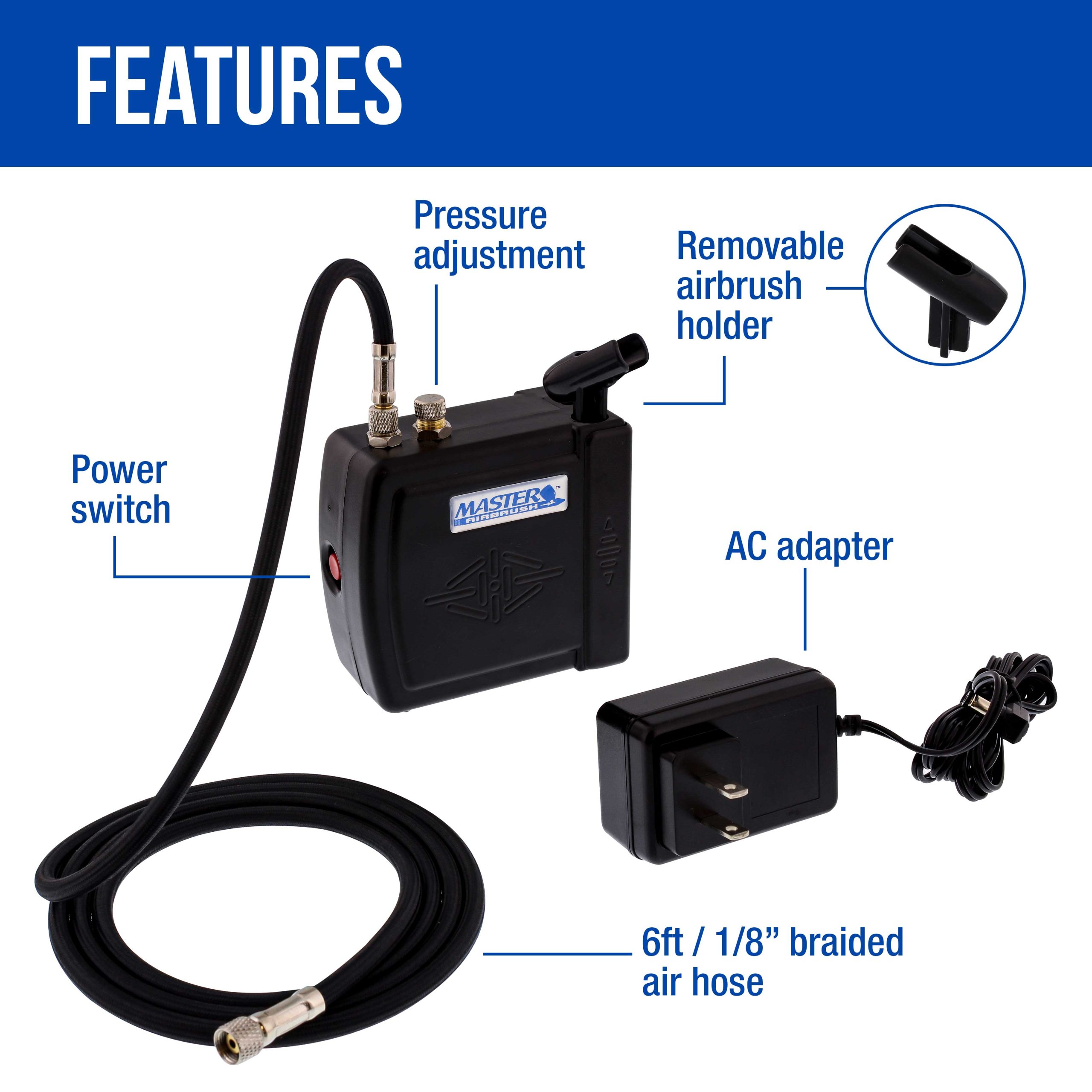 Master Model C16-B - Black Mini Airbrush Air Compressor with 6 Foot Braided Air Hose with 1/8 in. Ends - Image 3