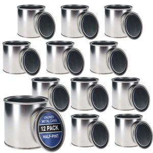 1/2 Pint Unlined Empty Metal Paint Can Bucket with Lids. Pack of 12 - Triple Tight Lid Seal. 8 fl. oz. Steel Coating Storage Container Tin