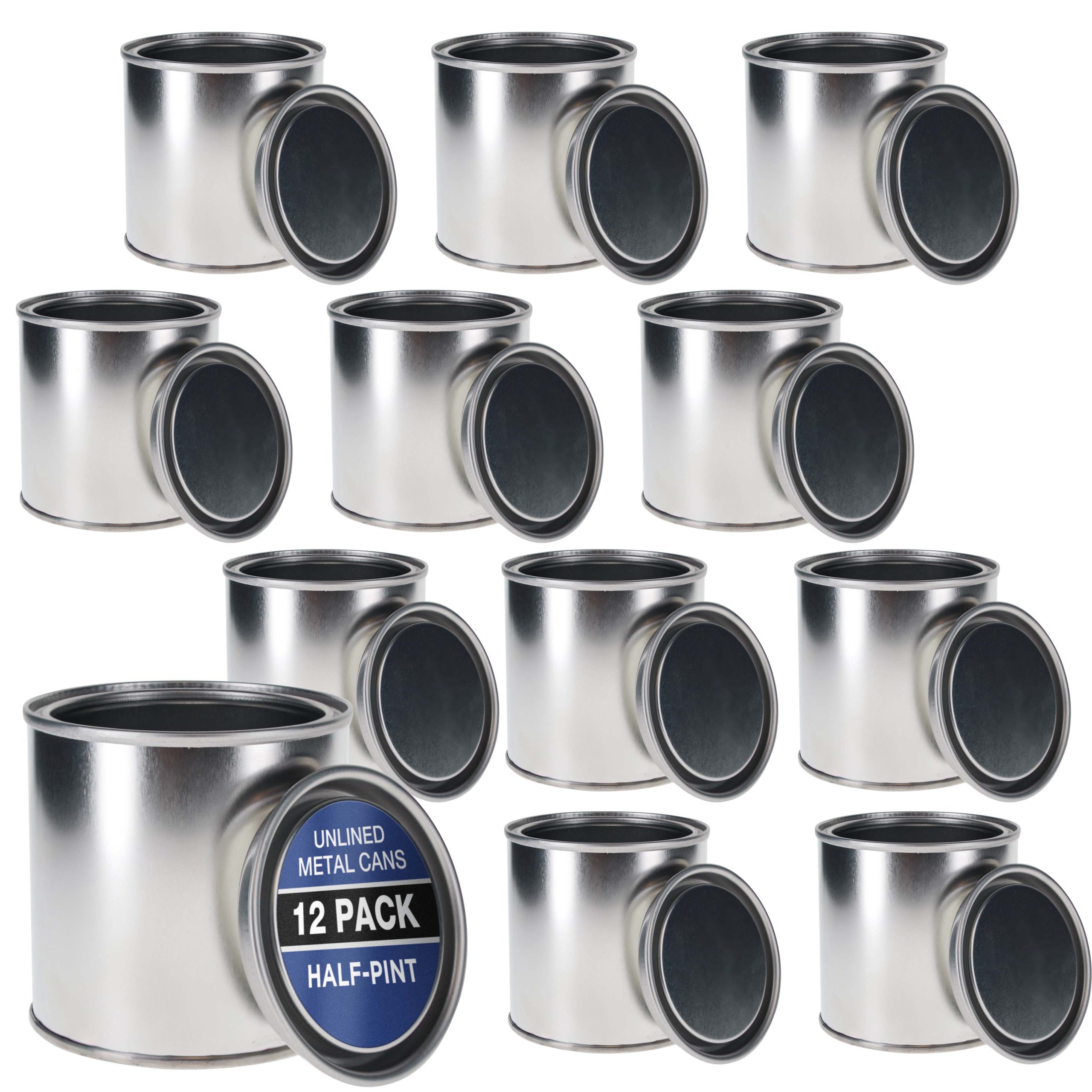 1/2 Pint Unlined Empty Metal Paint Can Bucket with Lids. Pack of 12 - Triple Tight Lid Seal. 8 fl. oz. Steel Coating Storage Container Tin