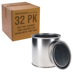 1/2 Pint Unlined Empty Metal Paint Can Bucket with Lids. Pack of 32 - Triple Tight Lid Seal. 8 fl. oz. Steel Coating Storage Container Tin