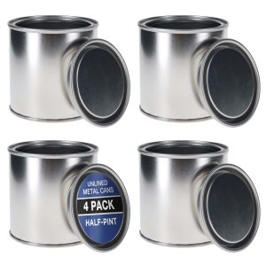 1/2 Pint Unlined Empty Metal Paint Can Bucket with Lids. Pack of 4 - Triple Tight Lid Seal. 8 fl. oz. Steel Coating Storage Container Tin