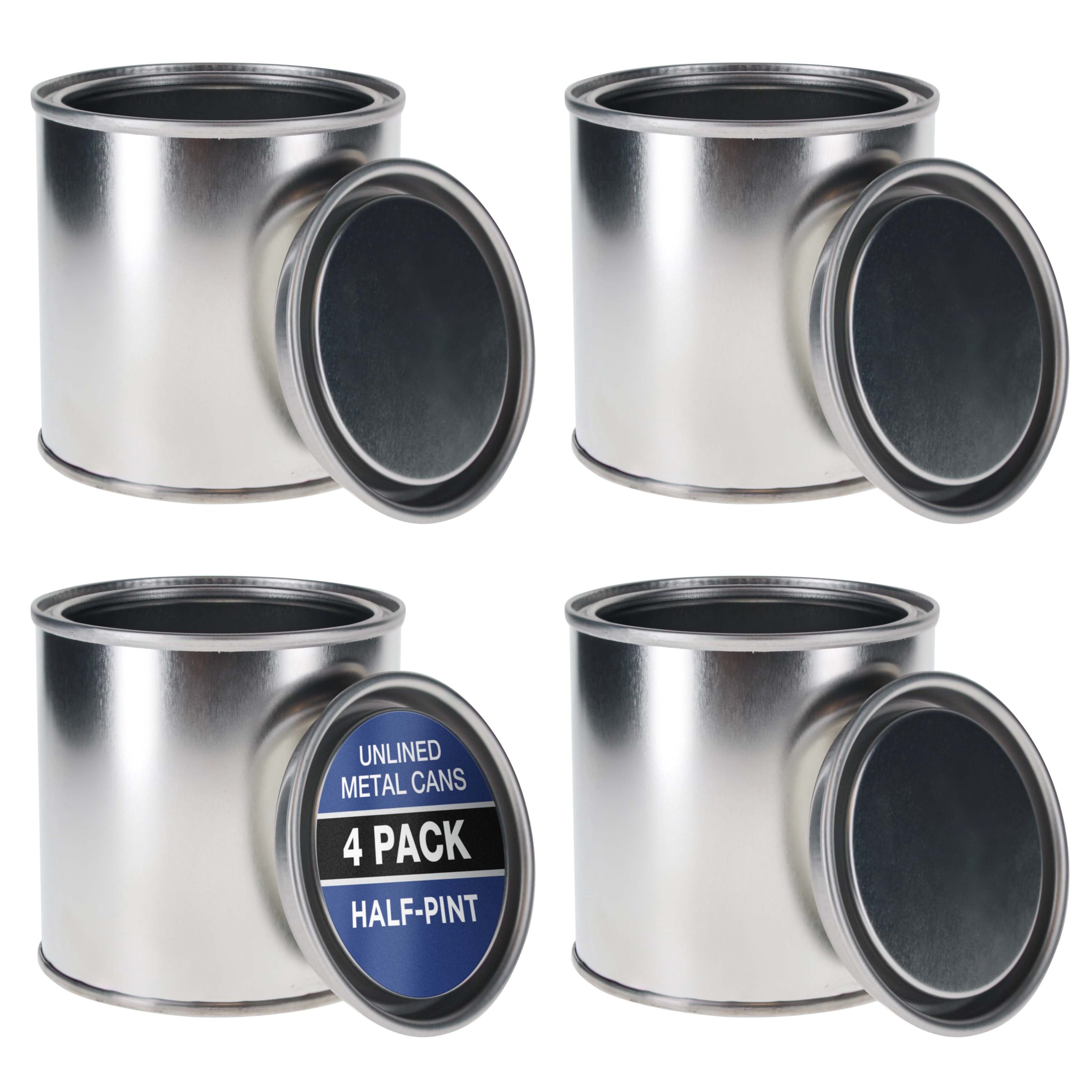 1/2 Pint Unlined Empty Metal Paint Can Bucket with Lids. Pack of 4 - Triple Tight Lid Seal. 8 fl. oz. Steel Coating Storage Container Tin