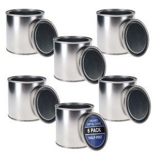1/2 Pint Unlined Empty Metal Paint Can Bucket with Lids. Pack of 6 - Triple Tight Lid Seal. 8 fl. oz. Steel Coating Storage Container Tin