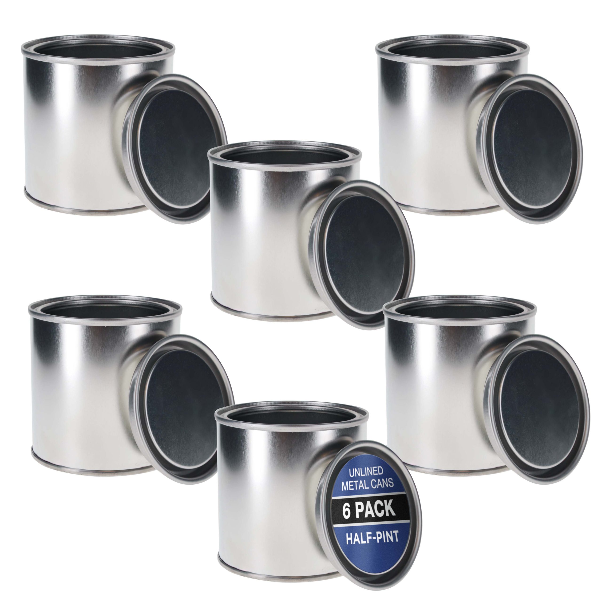1/2 Pint Unlined Empty Metal Paint Can Bucket with Lids. Pack of 6 - Triple Tight Lid Seal. 8 fl. oz. Steel Coating Storage Container Tin