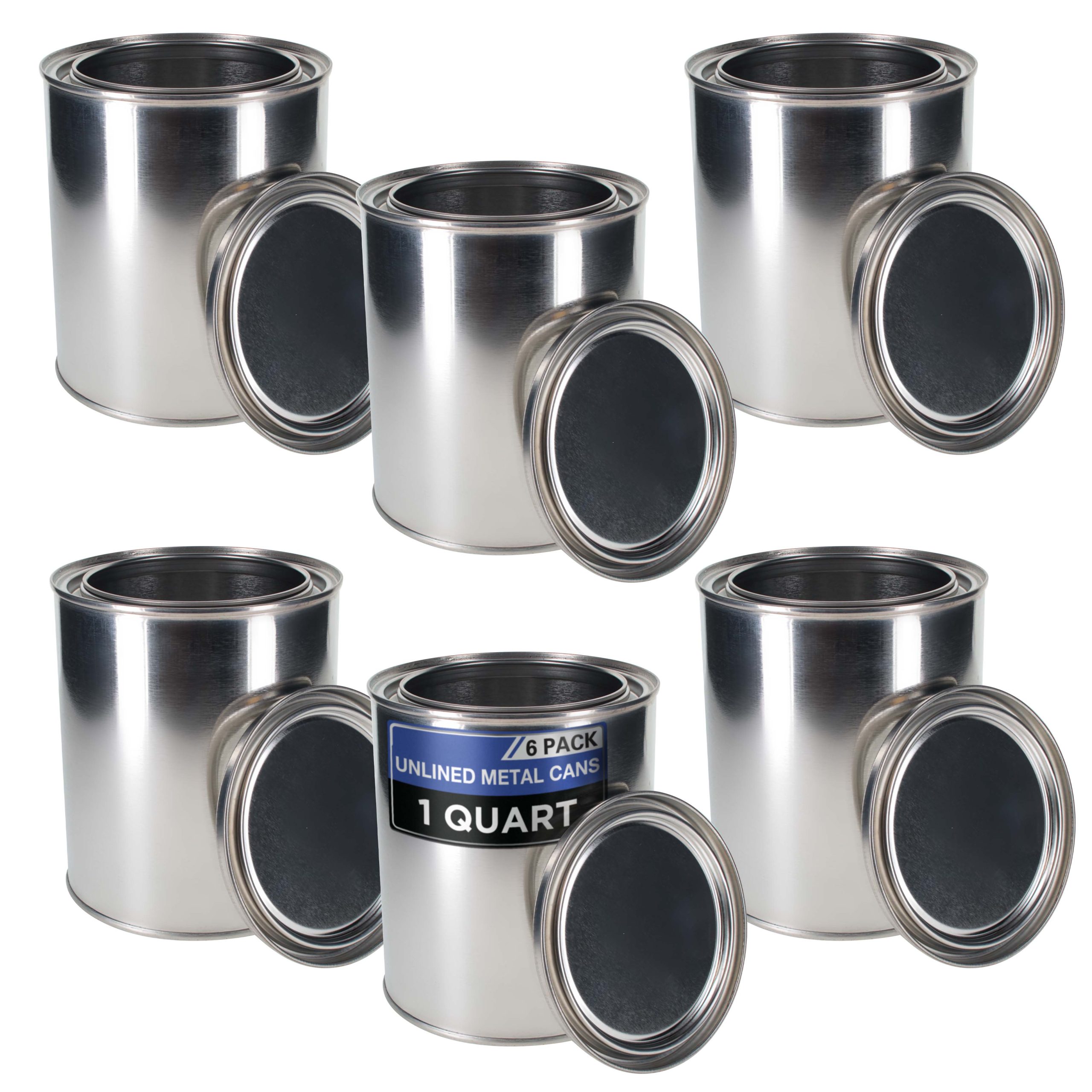 1 Quart Unlined Empty Metal Paint Can Bucket with Lids. Pack of 6 - Triple Tight Lid Seal. 32 fl. oz. Steel Coating Storage Container Tin