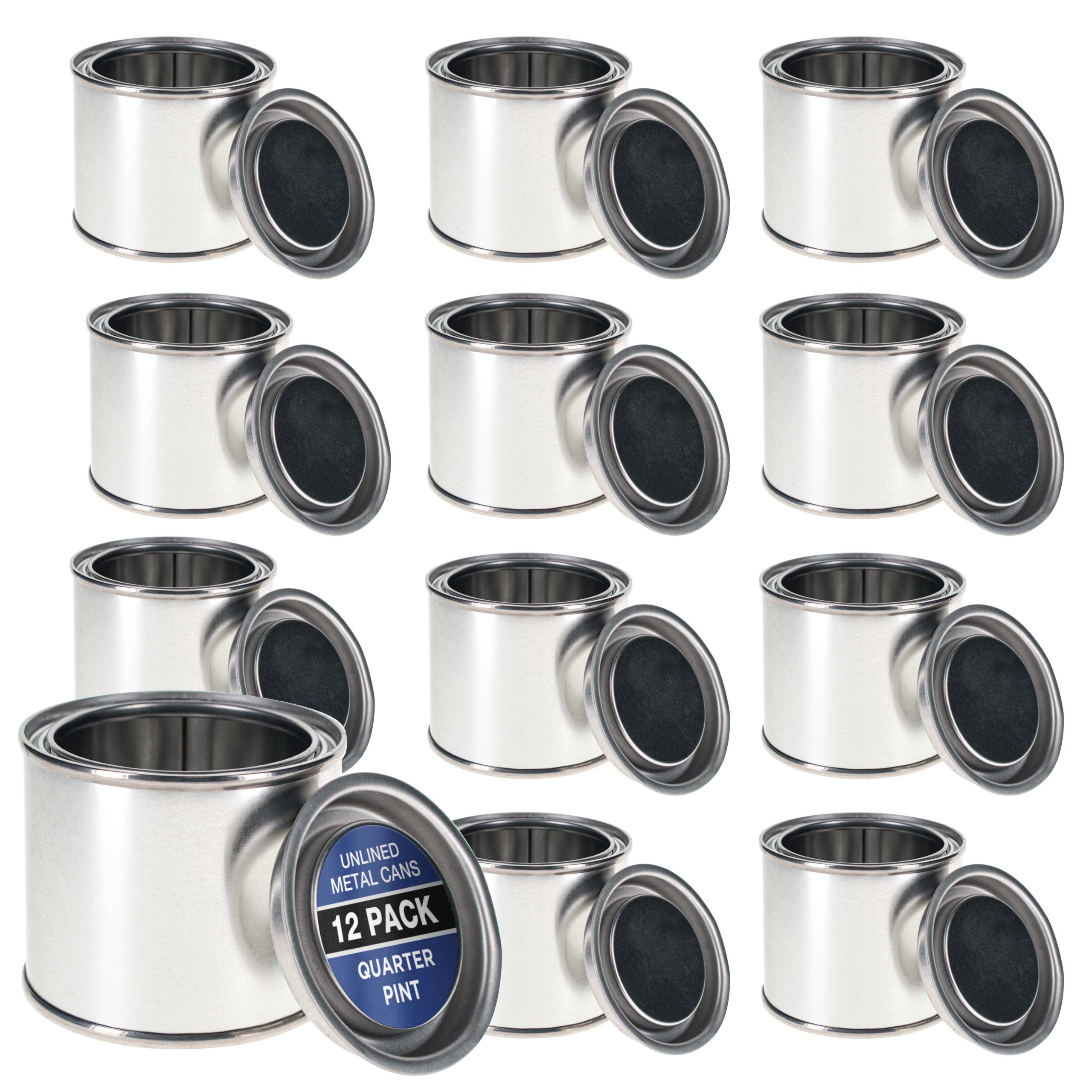 1/4 Pint Unlined Empty Metal Paint Can Bucket with Lids. Pack of 12 - Triple Tight Lid Seal. 4 fl. oz. Steel Coating Storage Container Tin