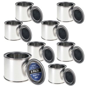 1/4 Pint Unlined Empty Metal Paint Can Bucket with Lids. Pack of 8 - Triple Tight Lid Seal. 4 fl. oz. Steel Coating Storage Container Tin