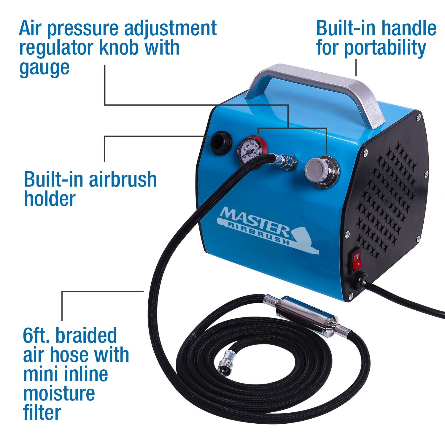 TC-77 Airbrush Compressor with Small Tank. Regulator. Mini In-Line Moisture Filter & 6' Braided Hose - 47 dB. High Performance Air - Image 2