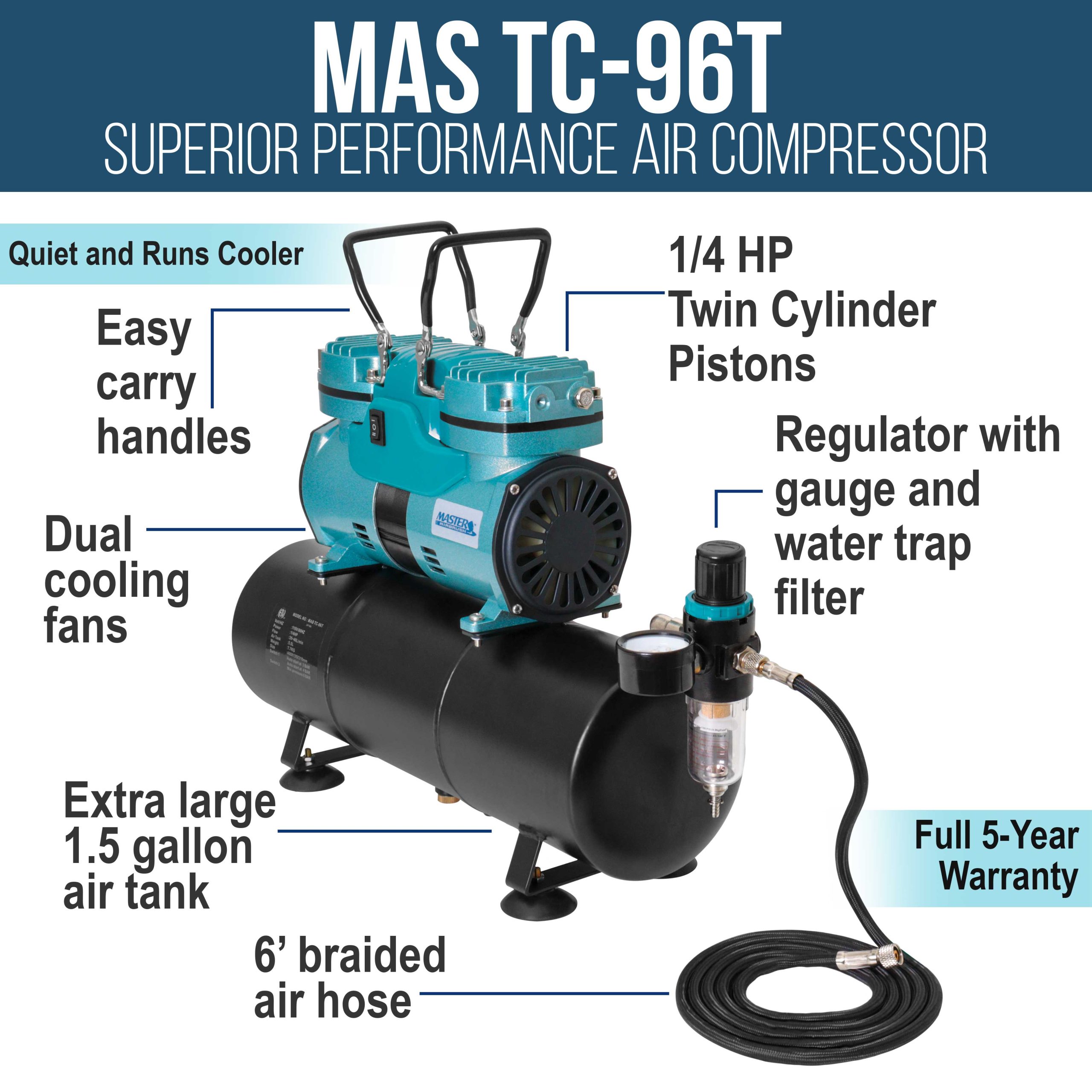 Model TC-96T Air Brush Compressor Kit - Cool Runner Professional Single-Piston Airbrush Compressor with 1.5 Gallon Air Tank - Image 2