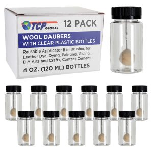 12-Pack Wool Daubers with Clear Plastic Bottles. 4 oz. (120 ml) - Safety Lids. Applicator Ball Brushes for Leather Dye. Dyeing. Painting. Gluing. DIY