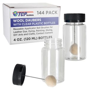 144-Pack Wool Daubers with Clear Plastic Bottles. 4 oz. (120 ml) - Safety Lids. Applicator Ball Brushes for Leather Dye. Dyeing. Painting. Gluing