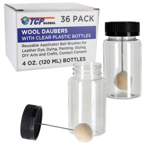 36-Pack Wool Daubers with Clear Plastic Bottles. 4 oz. (120 ml) - Safety Lids. Applicator Ball Brushes for Leather Dye. Dyeing. Painting. Gluing. DIY