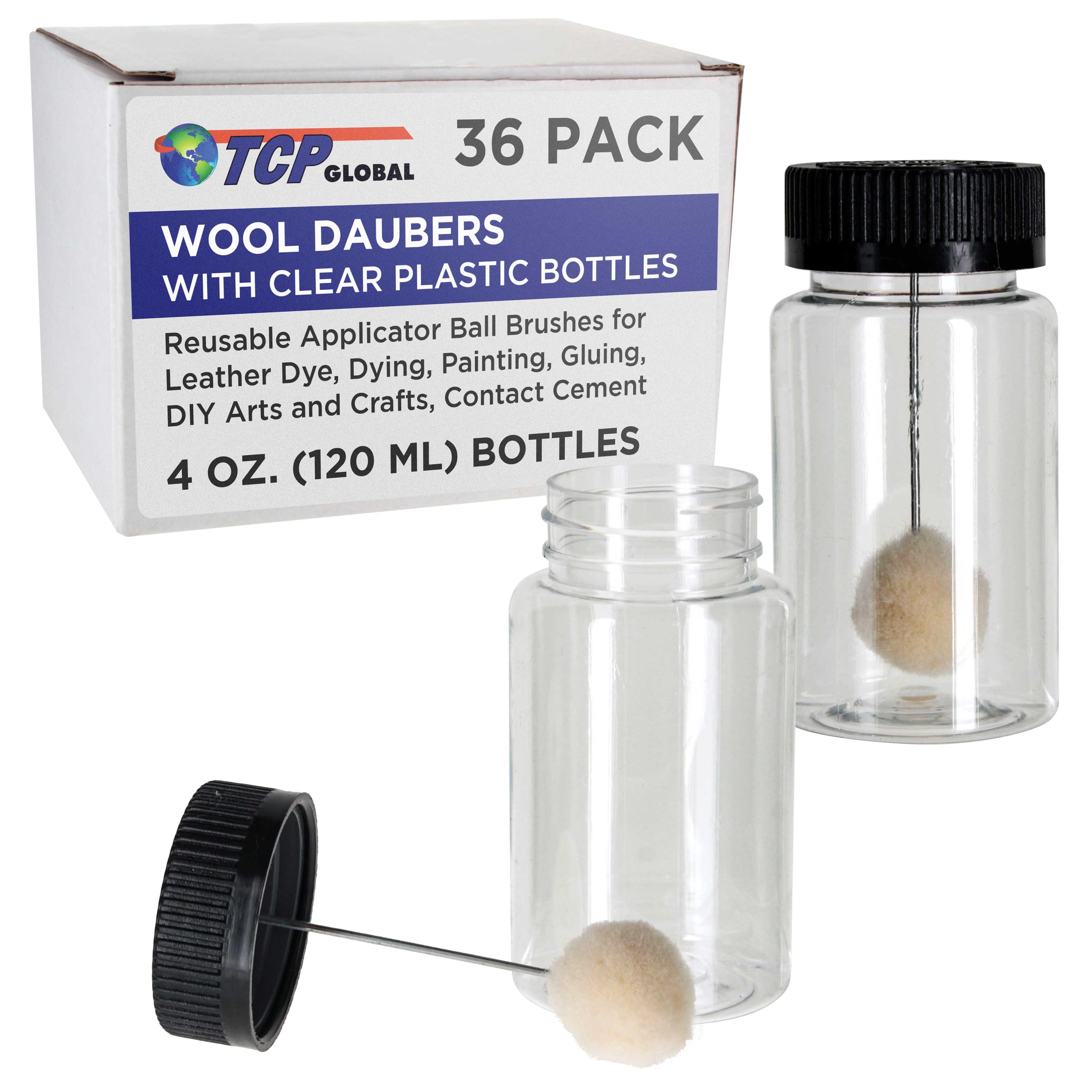 36-Pack Wool Daubers with Clear Plastic Bottles. 4 oz. (120 ml) - Safety Lids. Applicator Ball Brushes for Leather Dye. Dyeing. Painting. Gluing. DIY