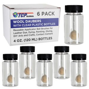 6-Pack Wool Daubers with Clear Plastic Bottles. 4 oz. (120 ml) - Safety Lids. Applicator Ball Brushes for Leather Dye. Dyeing. Painting. Gluing. DIY