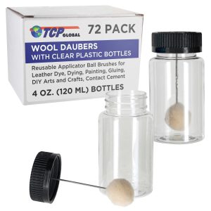 72-Pack Wool Daubers with Clear Plastic Bottles. 4 oz. (120 ml) - Safety Lids. Applicator Ball Brushes for Leather Dye. Dyeing. Painting. Gluing. DIY