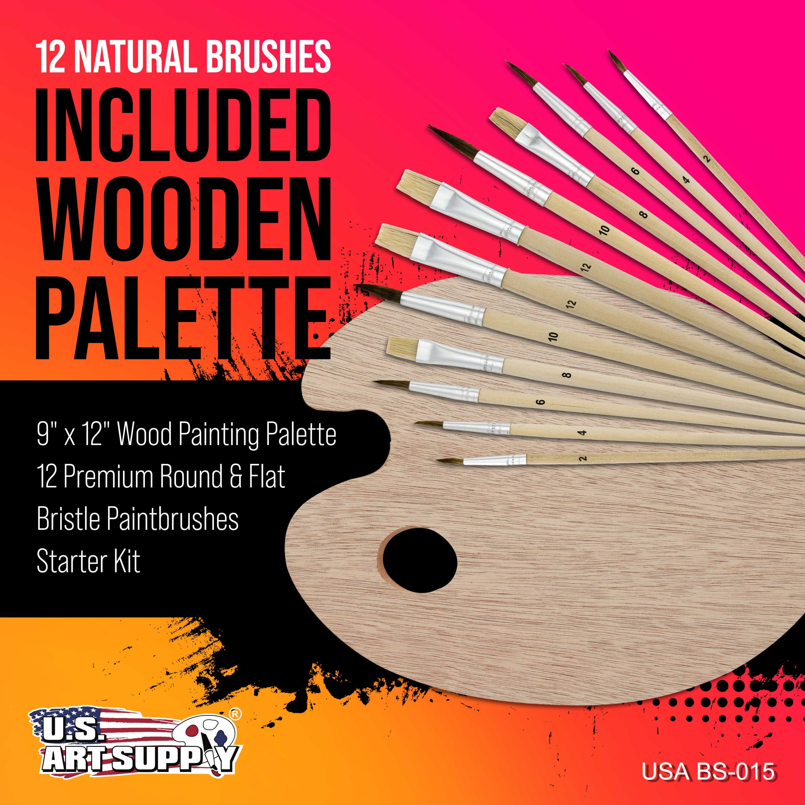 12-Piece Artist Paint Brush Set with 9 x 12 Wood Painting Palette - 12 Premium Round & Flat Bristle Paintbrushes - Fun Kids. Adults - Image 2