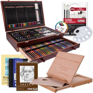 163-Piece Mega Wood Box Artist Kit with Easel. Painting. Drawing & Art Supplies for Adults - Watercolors. Oil Pastels. Pencils. Crayons & Brushes - Art Kit for Adults. Gift Set