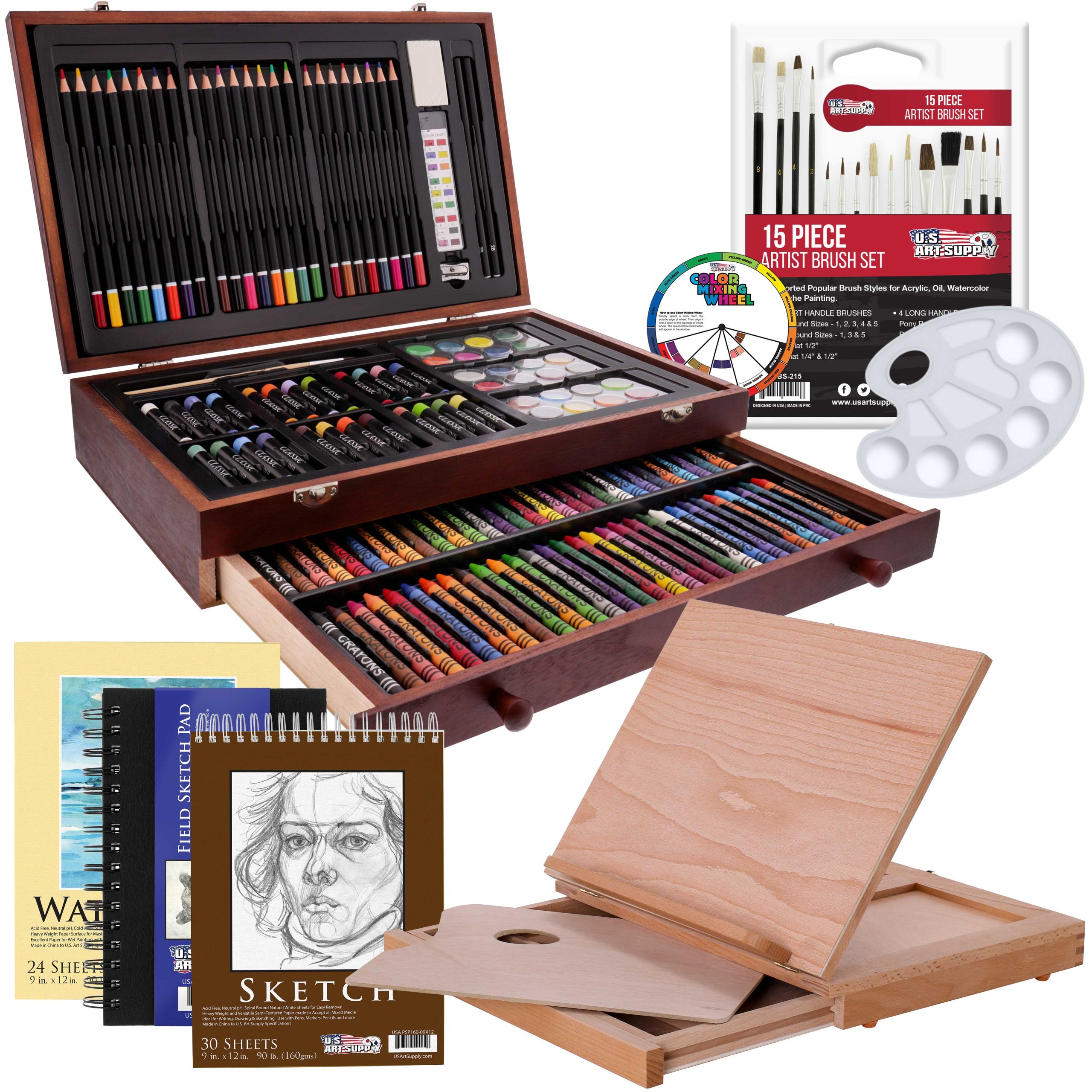 163-Piece Mega Wood Box Artist Kit with Easel. Painting. Drawing & Art Supplies for Adults - Watercolors. Oil Pastels. Pencils. Crayons & Brushes - Art Kit for Adults. Gift Set