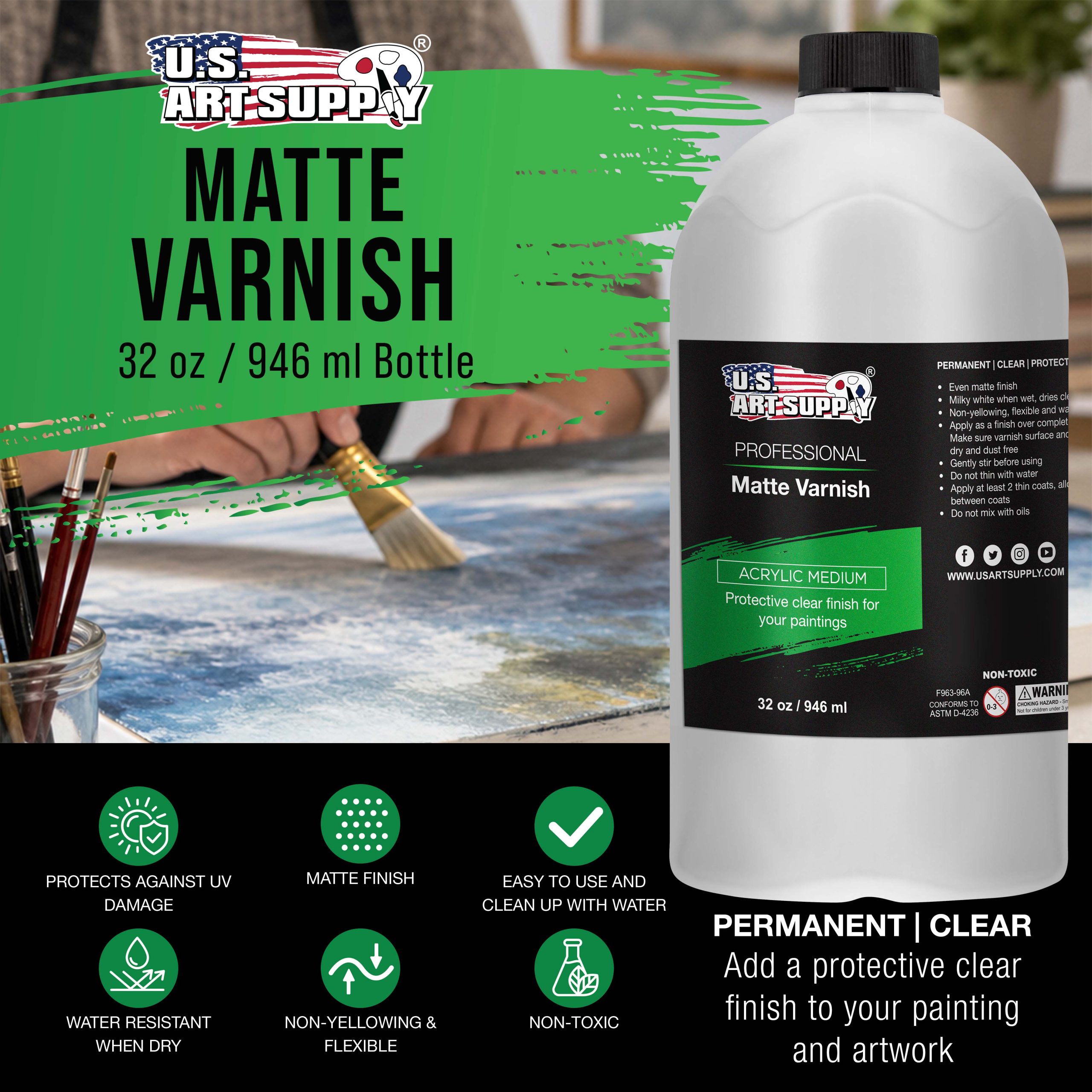 32 oz Matte Acrylic Varnish for Acrylic Painting. Permanent Clear Protection. Reduces UV & Photography Glare - Image 2