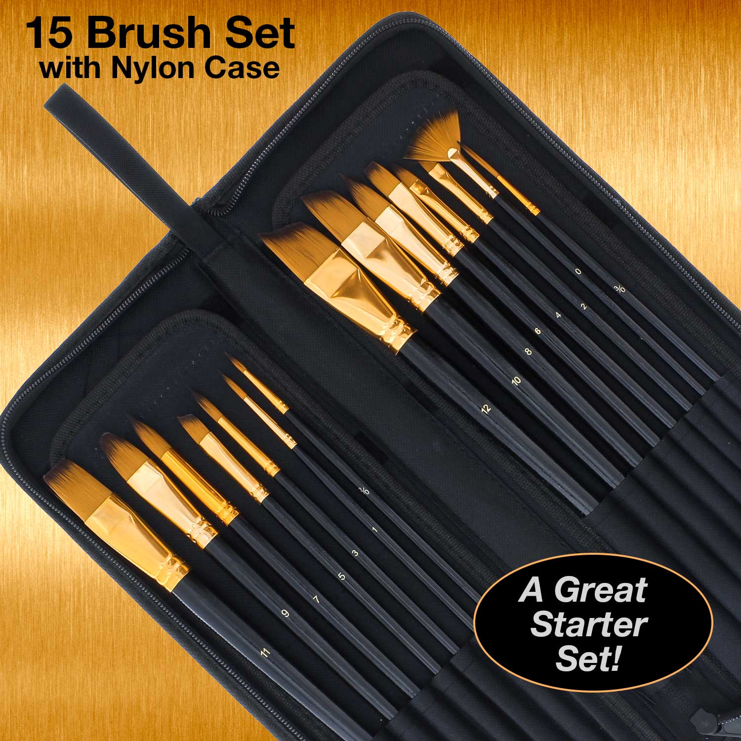 15 Piece Artist Long Handle Paint Brush Set in Zippered Nylon Pop-Up Travel Storage Case - Image 2