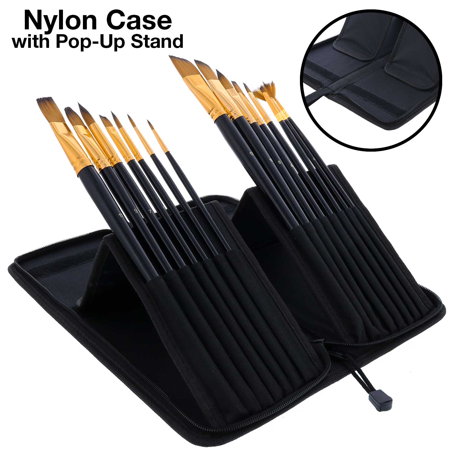 15 Piece Artist Long Handle Paint Brush Set in Zippered Nylon Pop-Up Travel Storage Case - Image 4