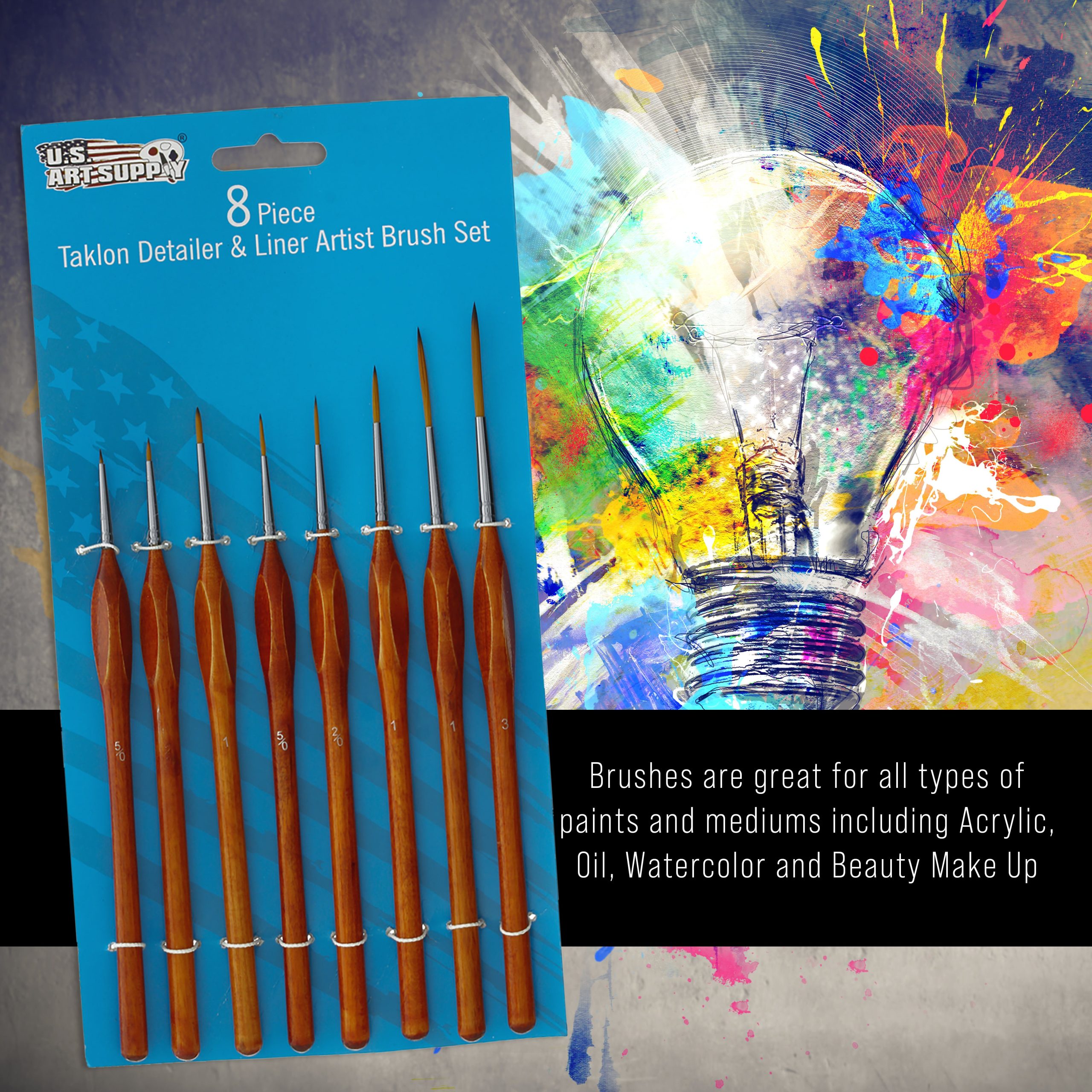 8 Piece Taklon Detail and Liner Artist Brush Set with Wood Comfort Grip Handles - Art. Detailing. Acrylic. Oil. Watercolor - Image 3