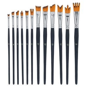 12 Piece Special Effects Artist Paint Brush Set - Taklon Synthetic FX Brushes. Ribbon. Muti-Liner. Angular - Watercolor. Acrylic. Oil