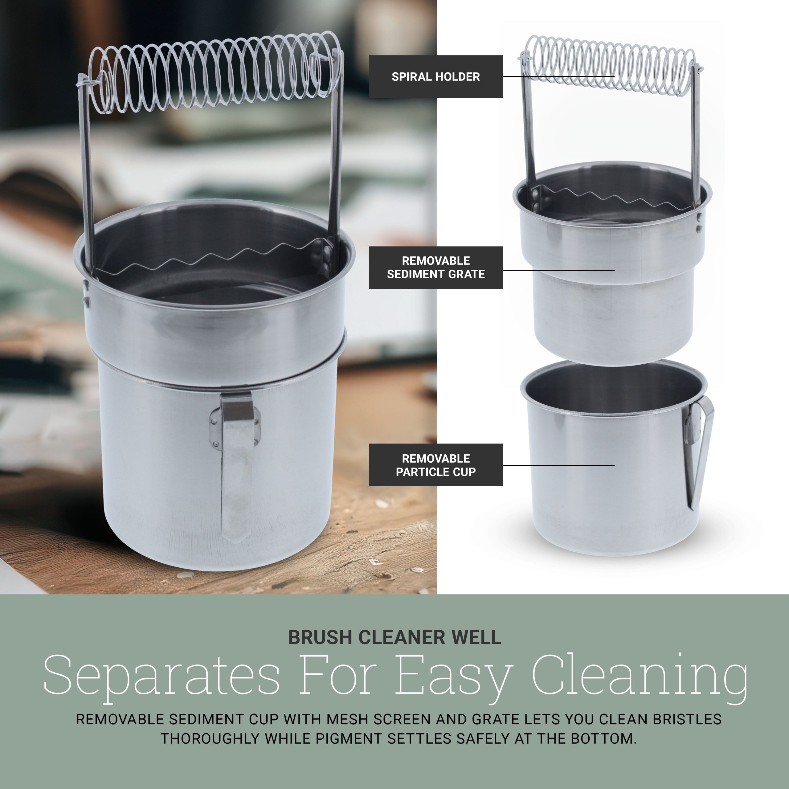 Stainless Steel Paint Brush Washer with Wash Tank. Spiral Holder. and Sediment Grate - Oil Paint Brush Cleaner for Artists - Image 3