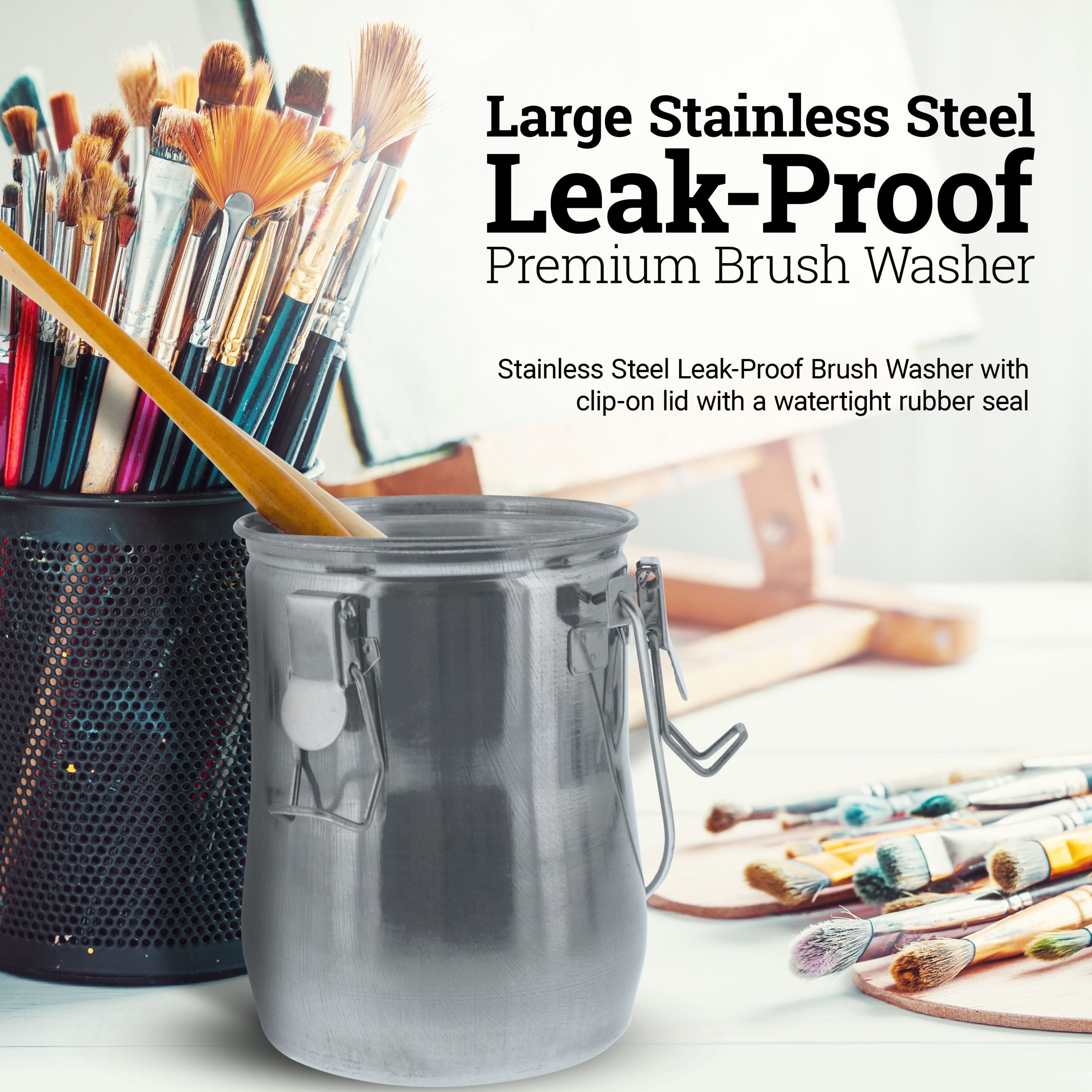Large Stainless Steel Leak-Proof Deluxe Paint Brush Washer with Wash Tank. Clip-On Lid. and Strainer Cup - Oil Paint Brush Cleaner for Artists - Image 2