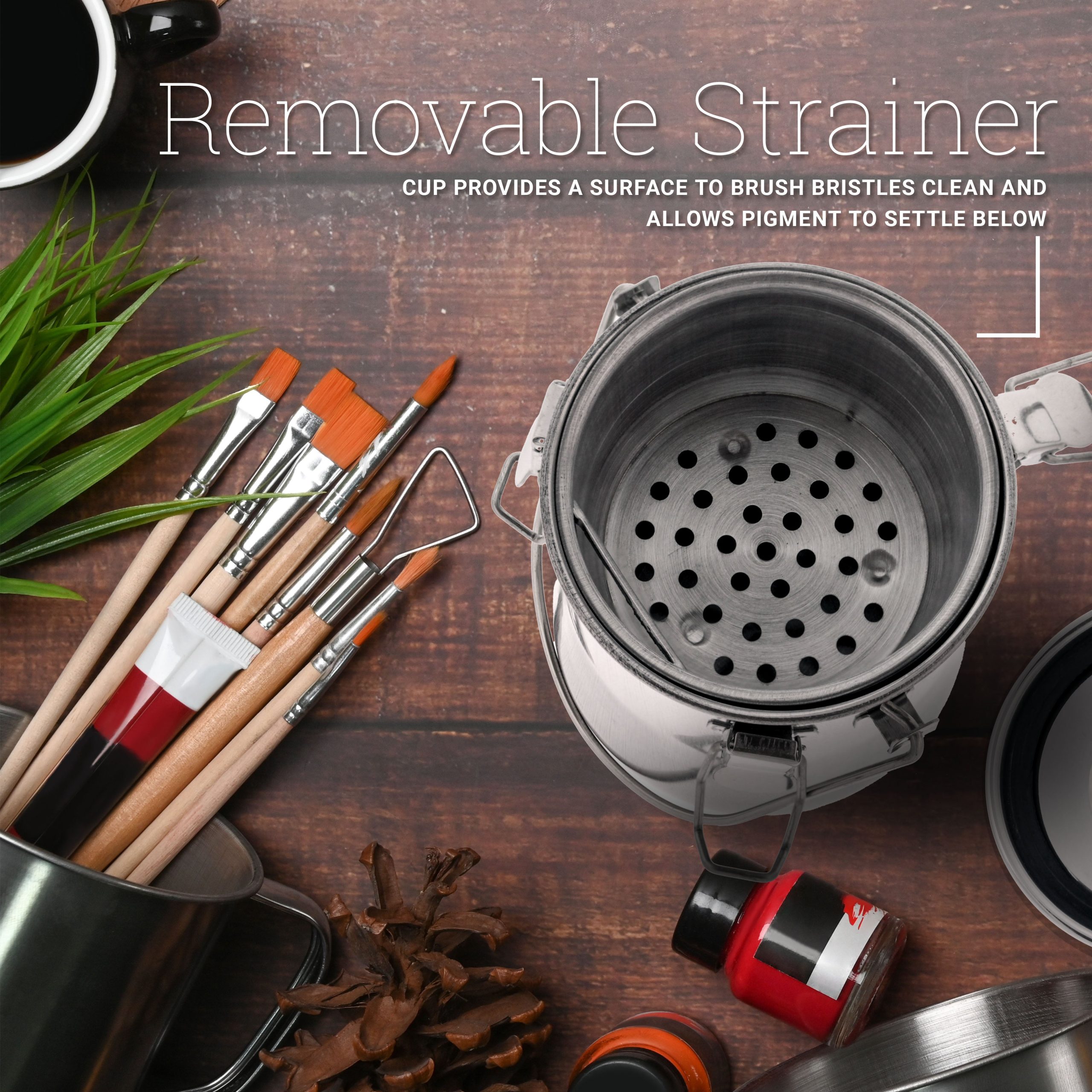 Large Stainless Steel Leak-Proof Deluxe Paint Brush Washer with Wash Tank. Clip-On Lid. and Strainer Cup - Oil Paint Brush Cleaner for Artists - Image 6