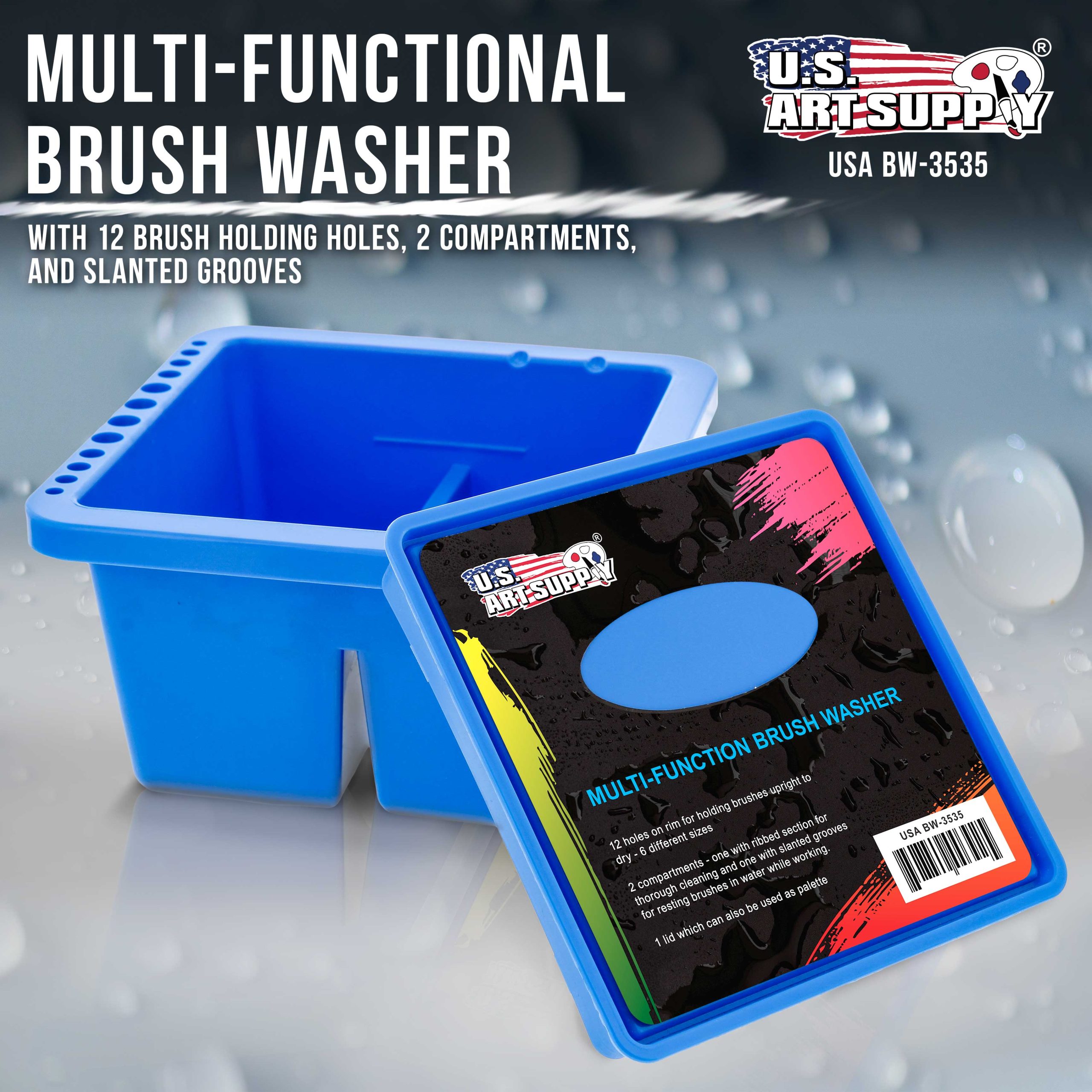 12-Hole Plastic Paint Brush Cleaner Washer & Paint Brush Holder with Palette Lid for Acrylic. Watercolor. Oil - Image 2