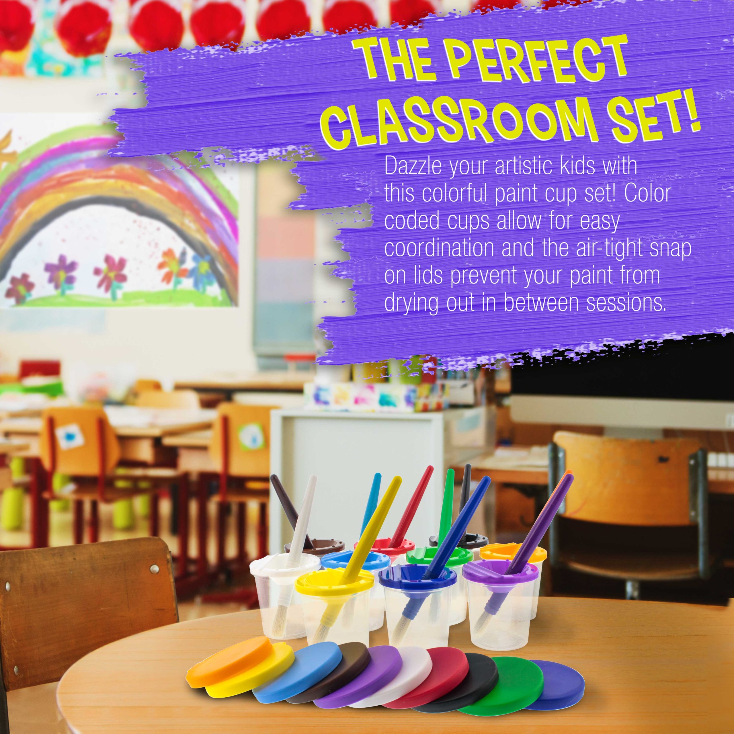 10 Piece Children's No Spill Paint Cups with Colored Lids and 10 Piece Large Round Brush Set with Plastic Handles - Image 4