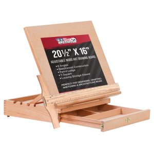Large 20-1/2 x 16 Wooden Drawing Board. Adjustable Table Top Easel for Painting and Drawing - Drafting Board with T-Square. Pencil Ledge. Locking Storage Drawer
