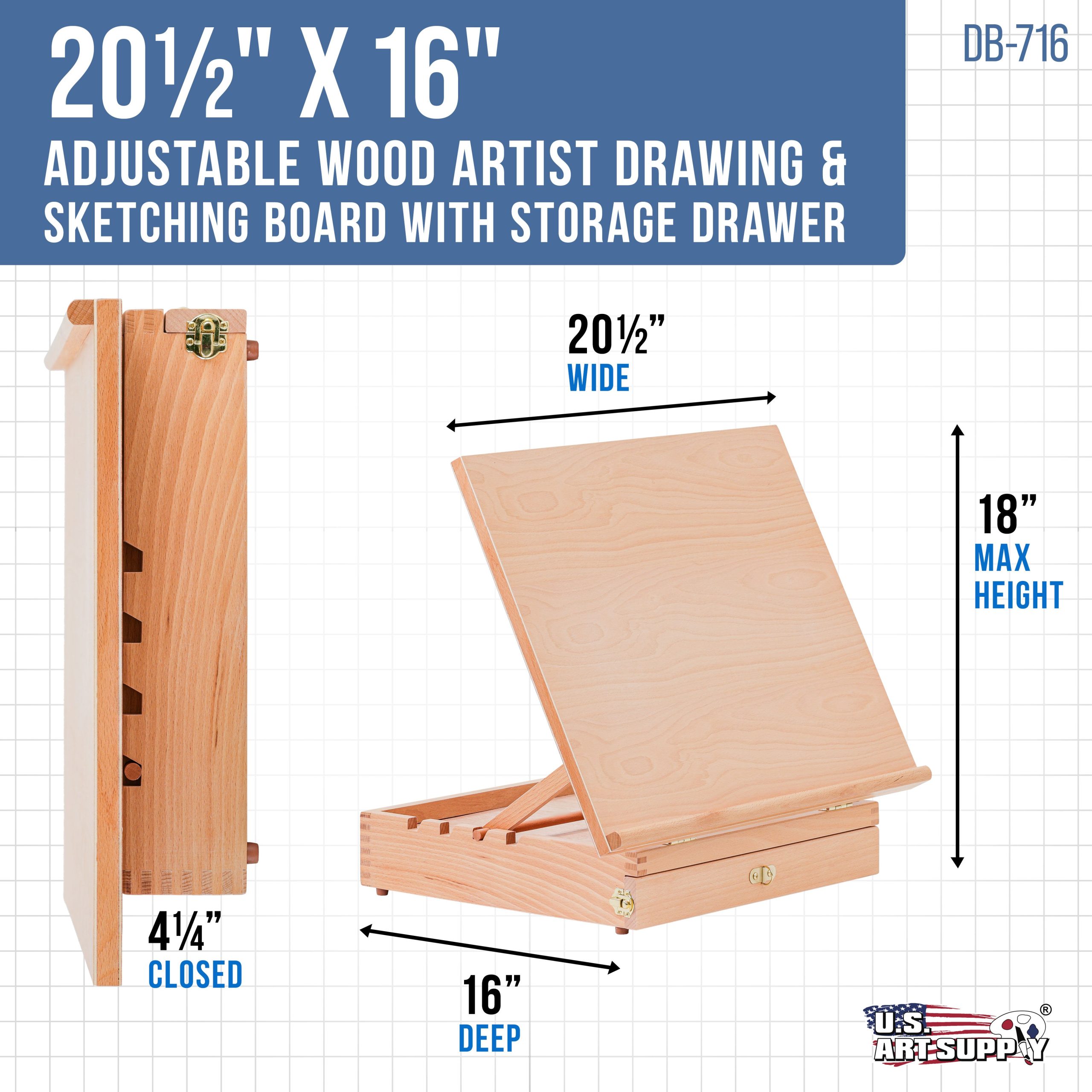 Large 20-1/2 x 16 Wooden Drawing Board. Adjustable Table Top Easel for Painting and Drawing - Drafting Board with T-Square. Pencil Ledge. Locking Storage Drawer - Image 2