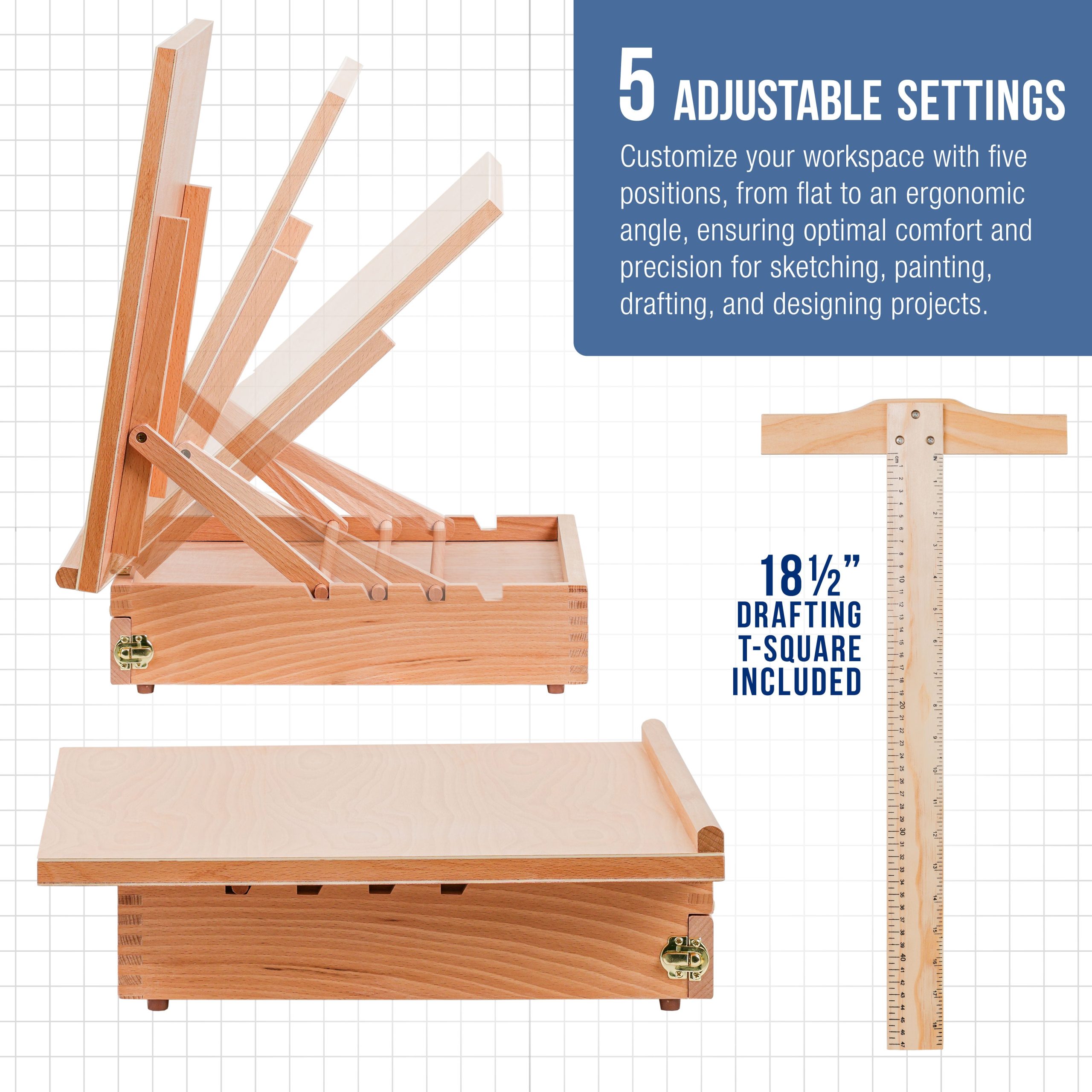 Large 20-1/2 x 16 Wooden Drawing Board. Adjustable Table Top Easel for Painting and Drawing - Drafting Board with T-Square. Pencil Ledge. Locking Storage Drawer - Image 3