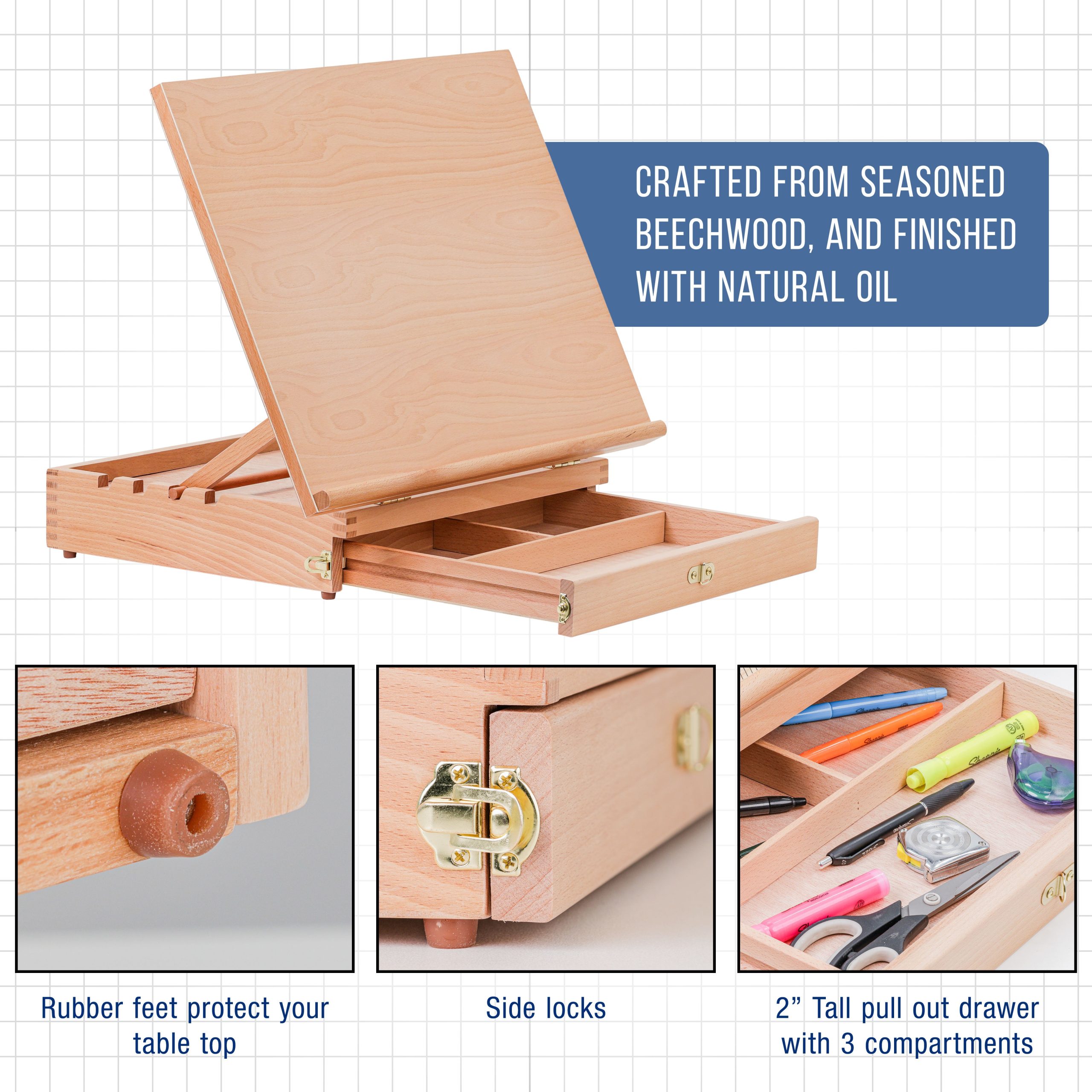 Large 20-1/2 x 16 Wooden Drawing Board. Adjustable Table Top Easel for Painting and Drawing - Drafting Board with T-Square. Pencil Ledge. Locking Storage Drawer - Image 4