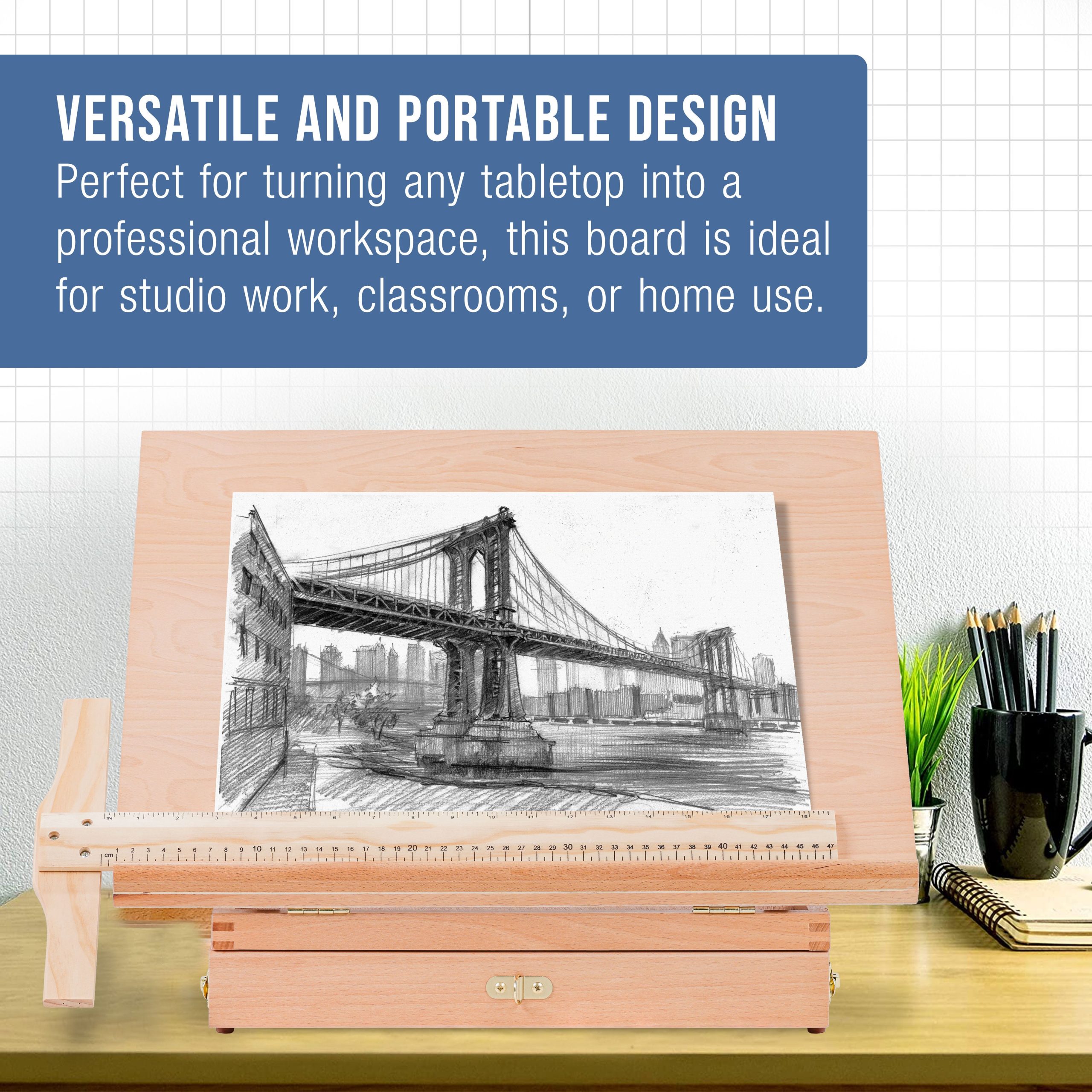 Large 20-1/2 x 16 Wooden Drawing Board. Adjustable Table Top Easel for Painting and Drawing - Drafting Board with T-Square. Pencil Ledge. Locking Storage Drawer - Image 5