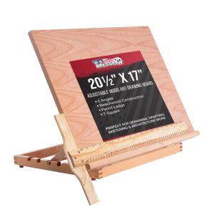 Large 20-1/2 x 17 Wooden Drawing Board. Adjustable Table Top Easel for Painting and Drawing - Drafting Board with T-Square. Pencil Ledge