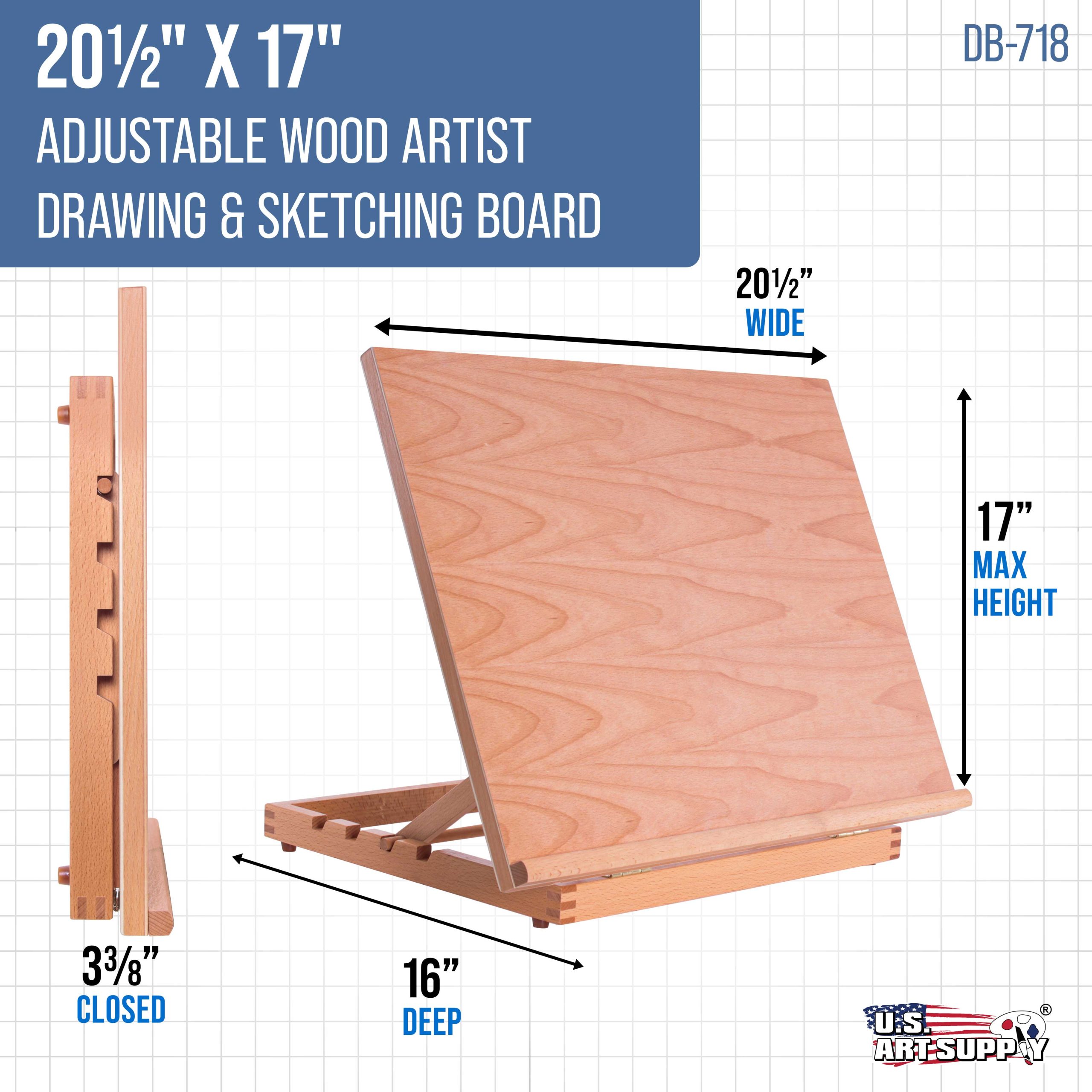 Large 20-1/2 x 17 Wooden Drawing Board. Adjustable Table Top Easel for Painting and Drawing - Drafting Board with T-Square. Pencil Ledge - Image 2
