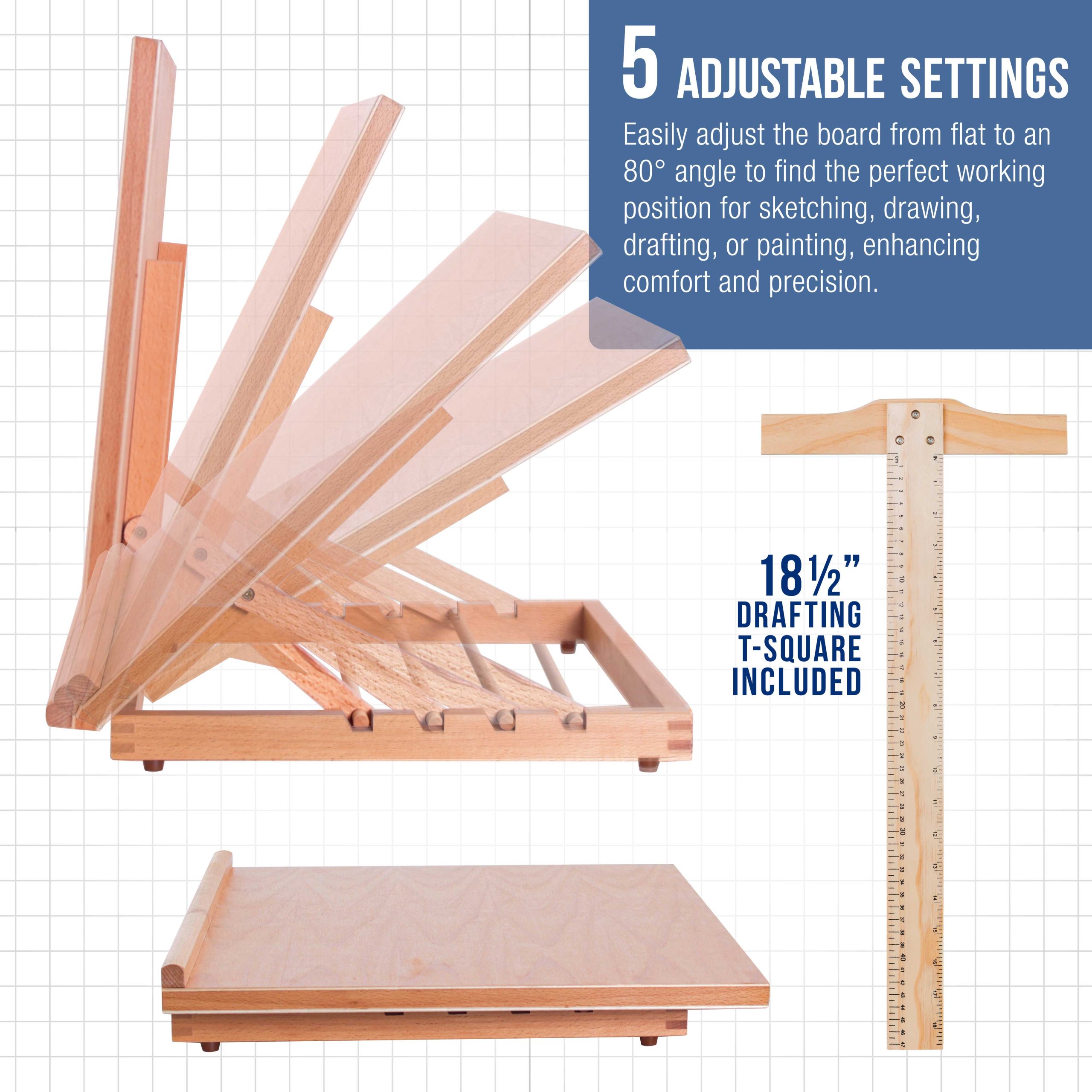 Large 20-1/2 x 17 Wooden Drawing Board. Adjustable Table Top Easel for Painting and Drawing - Drafting Board with T-Square. Pencil Ledge - Image 3