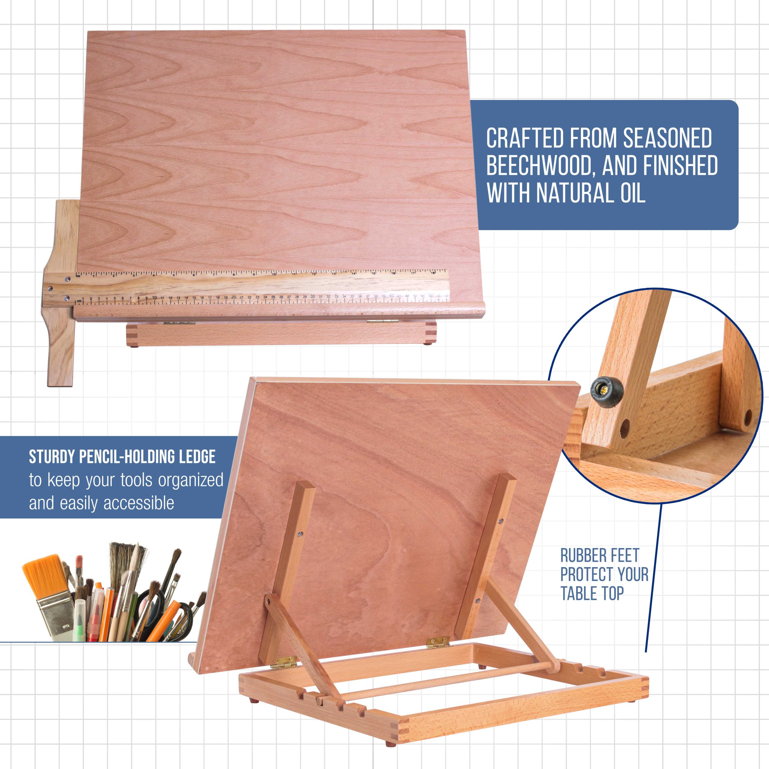 Large 20-1/2 x 17 Wooden Drawing Board. Adjustable Table Top Easel for Painting and Drawing - Drafting Board with T-Square. Pencil Ledge - Image 4