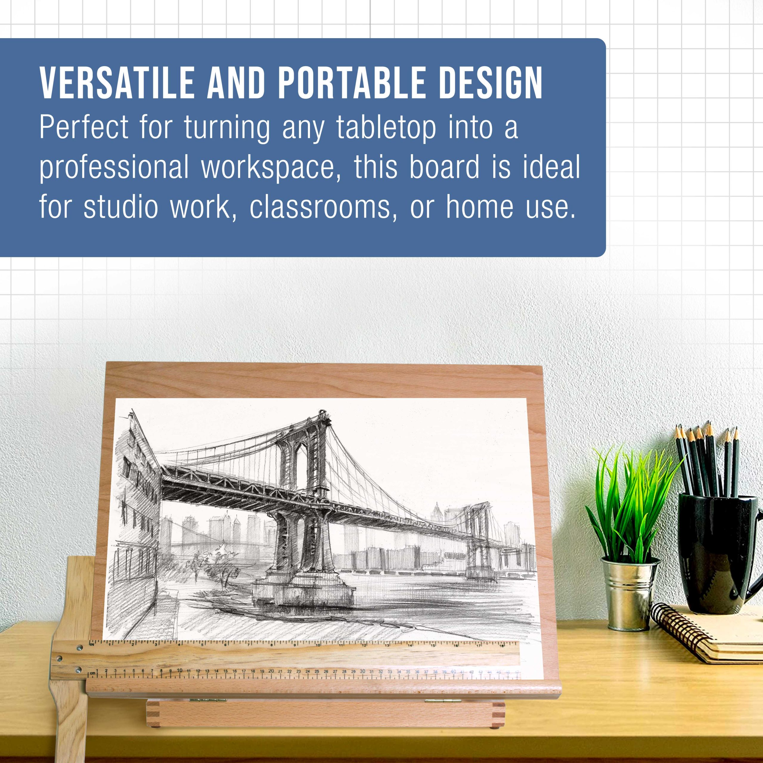 Large 20-1/2 x 17 Wooden Drawing Board. Adjustable Table Top Easel for Painting and Drawing - Drafting Board with T-Square. Pencil Ledge - Image 5