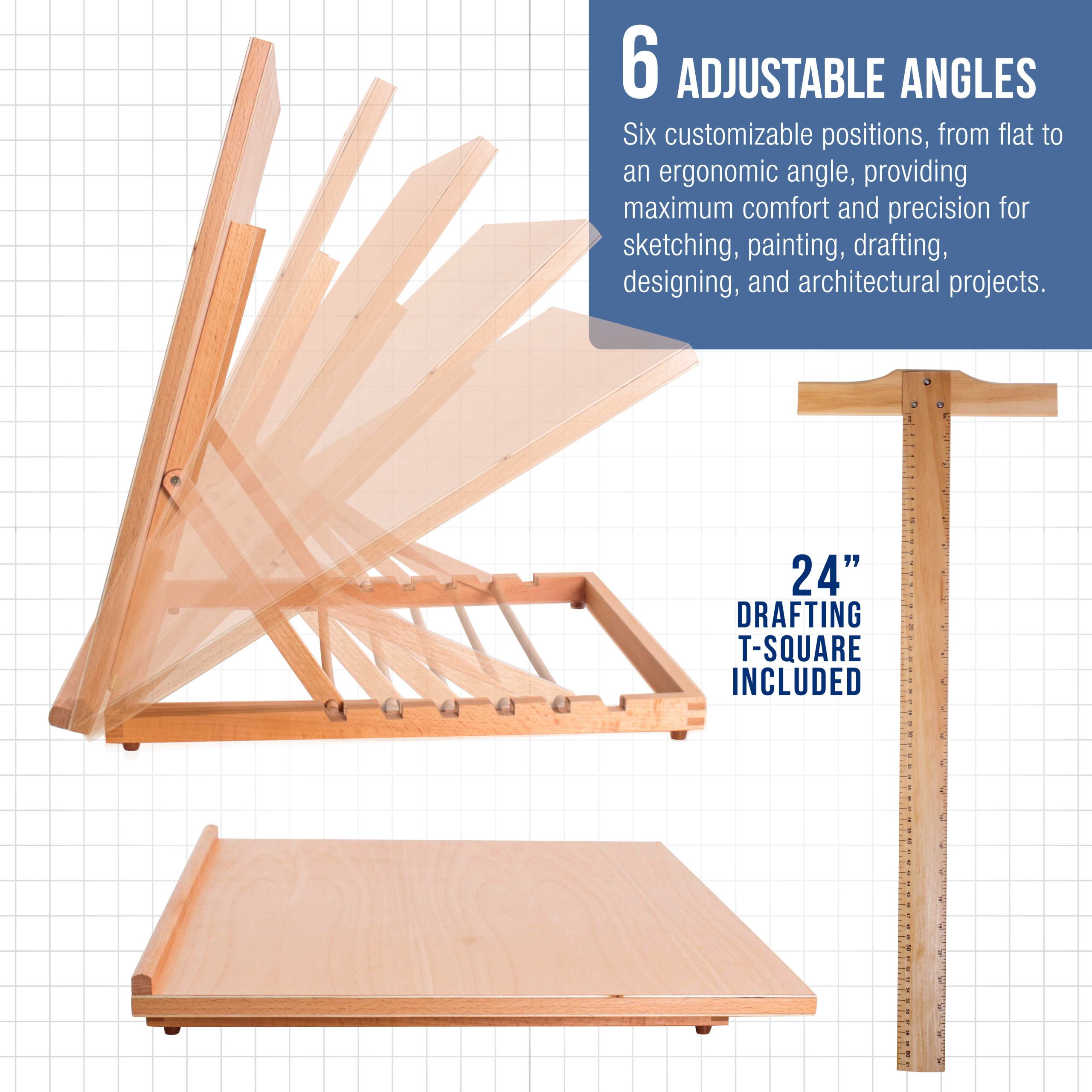 X-Large 26 x 21 Wooden Drawing Board. Adjustable Table Top Easel for Painting and Drawing - Drafting Board with T-Square. Pencil Ledge - Image 3