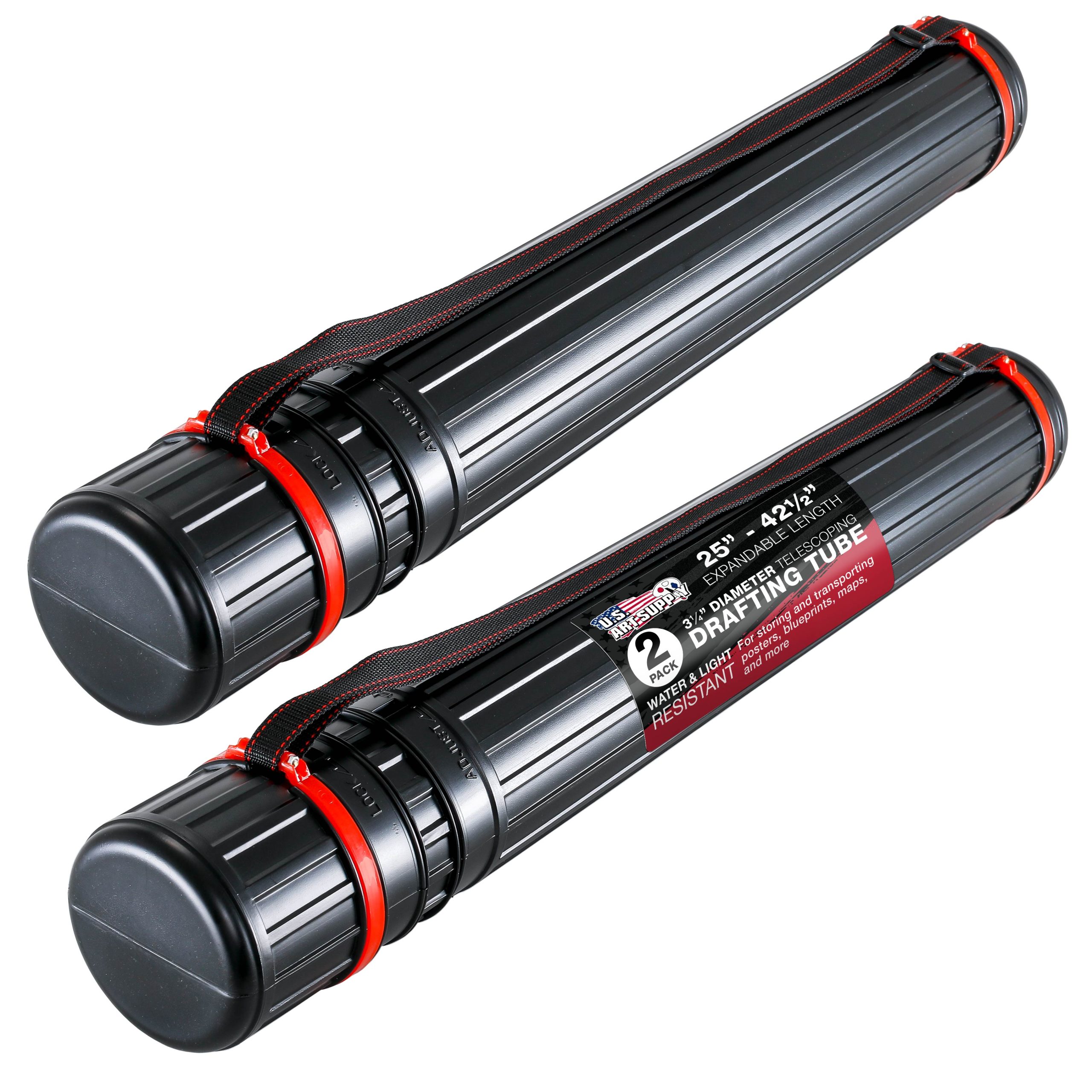 Black Telescoping Drafting Tube (Pack of 2) - 3-1/4 Outside/2-7/8 Inside Diameter. Expands 25 to 42-1/2. Durable Protection with Shoulder Strap - Ideal for Posters. Blueprints. Art